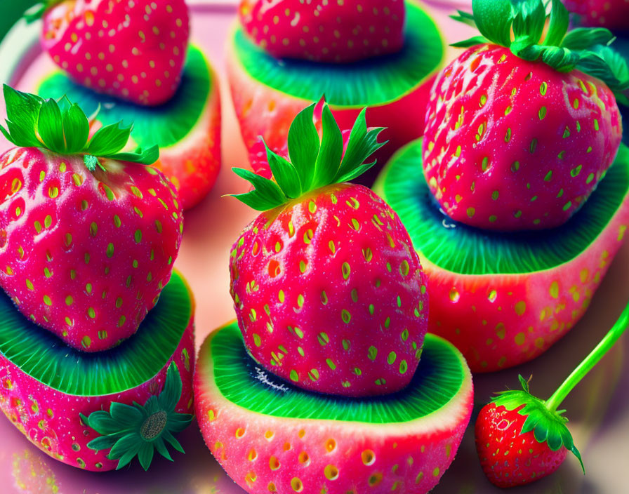 Vibrant close-up of fresh strawberries on kiwi slices showcasing textures and colors