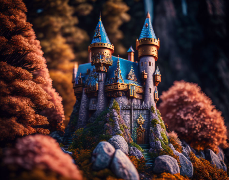 Miniature fantasy castle in autumn landscape with warm lighting