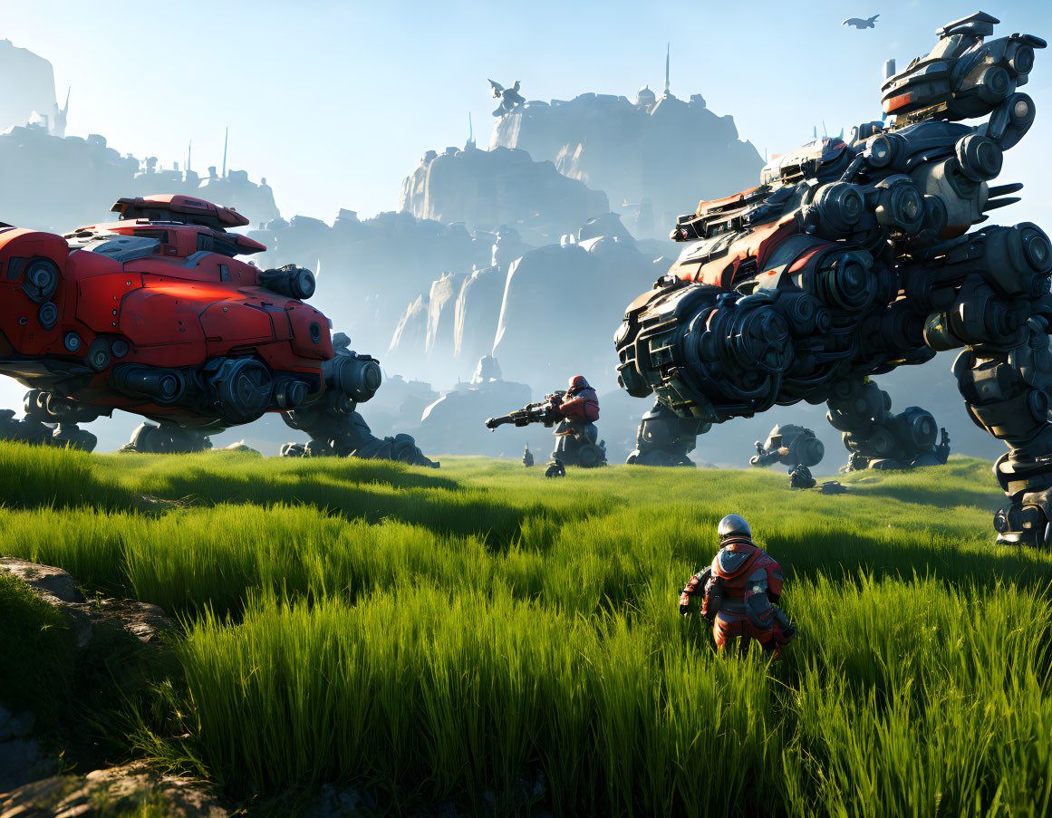 Red spacesuit explorer in alien landscape with mechs and cliffs.