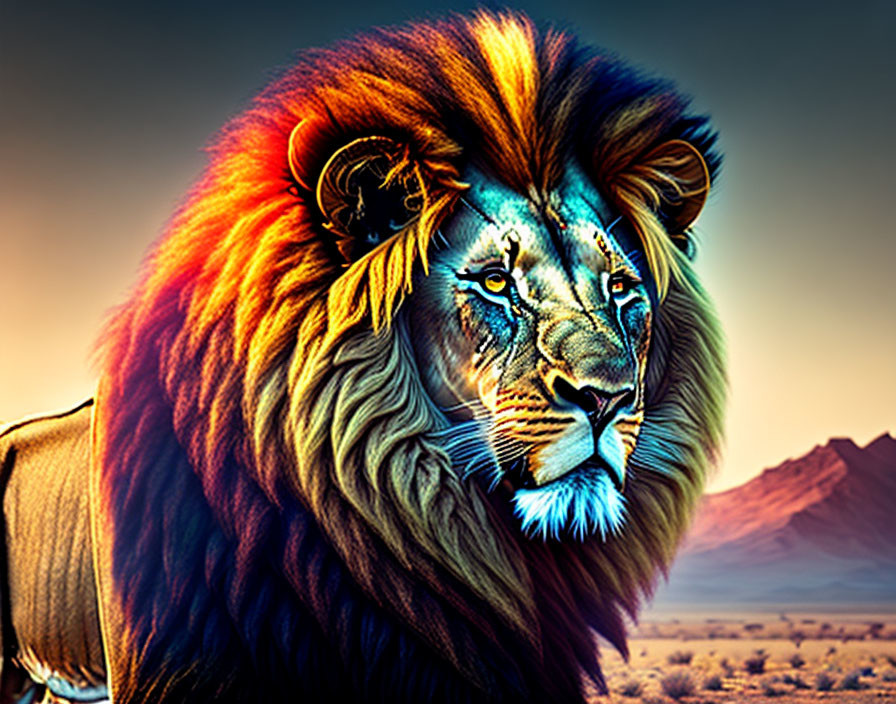 Vibrant lion's head with colorful mane on savanna backdrop