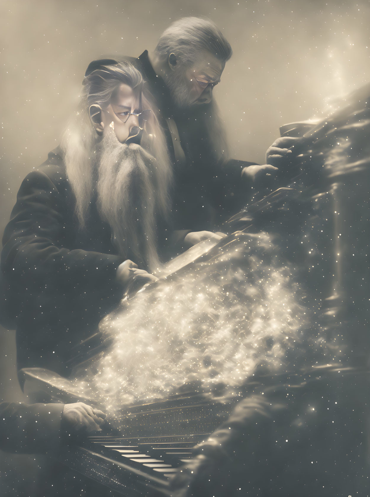 Bearded duo playing magical piano in whimsical setting