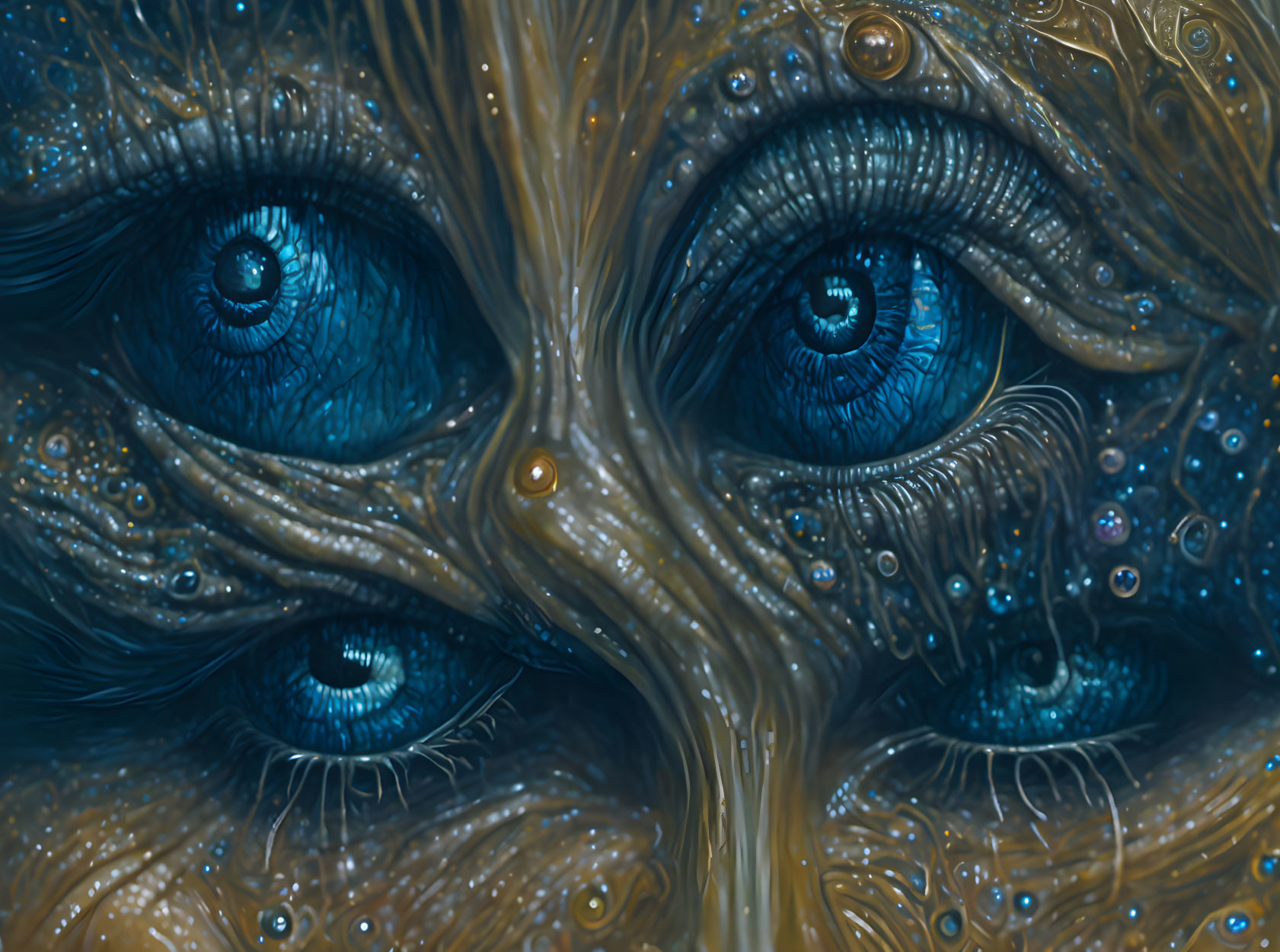 Surreal artwork featuring blue eyes, tree-like structures, intricate details, and droplets