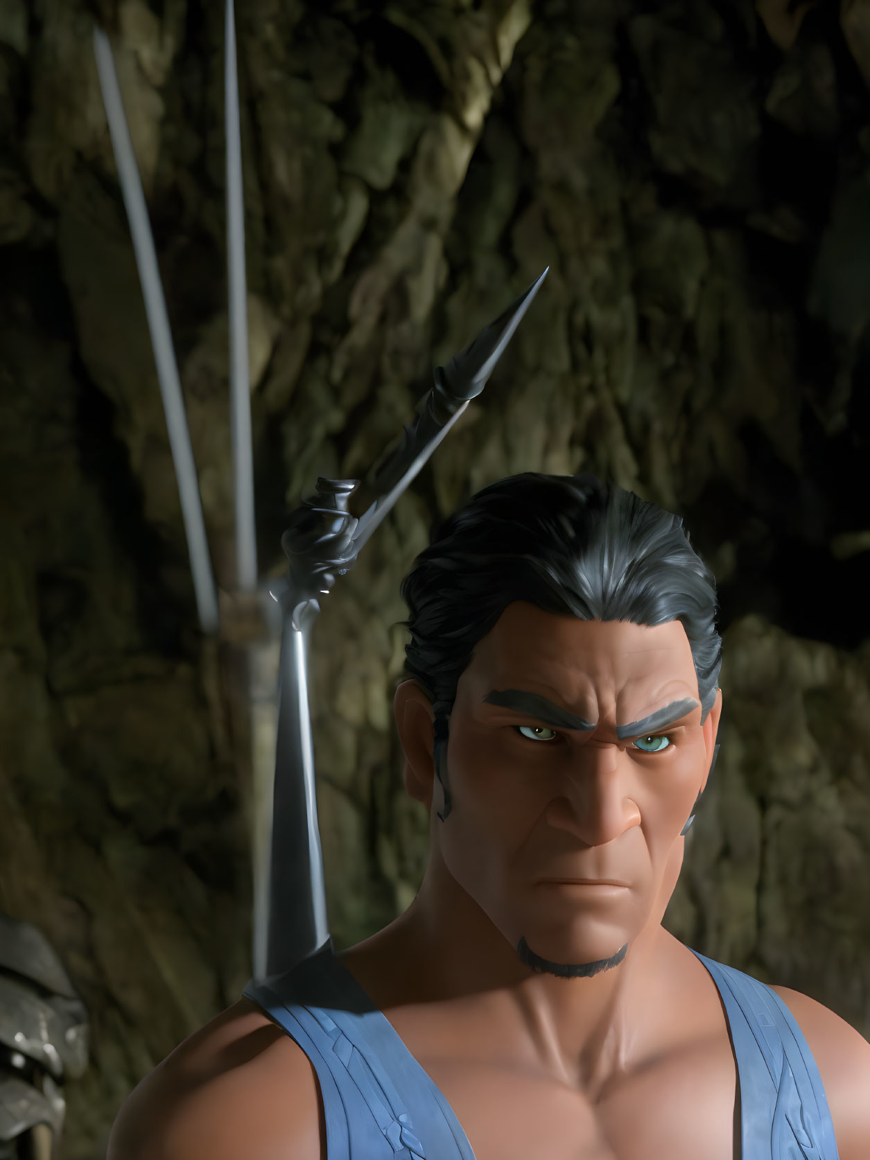 Close-up Animated Male Character with Spear and Intense Eyes against Rocky Backdrop