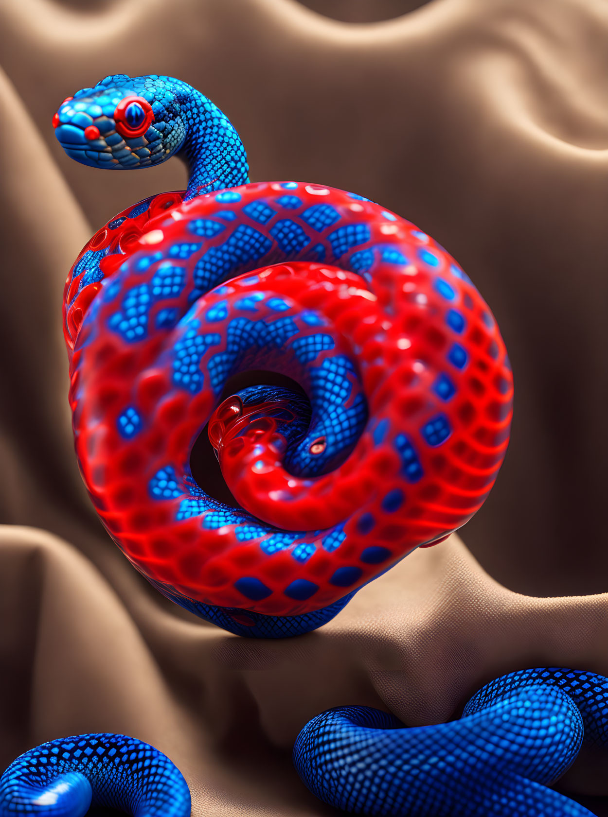 Colorful Red and Blue Snake Coiled on Brown Fabric Background