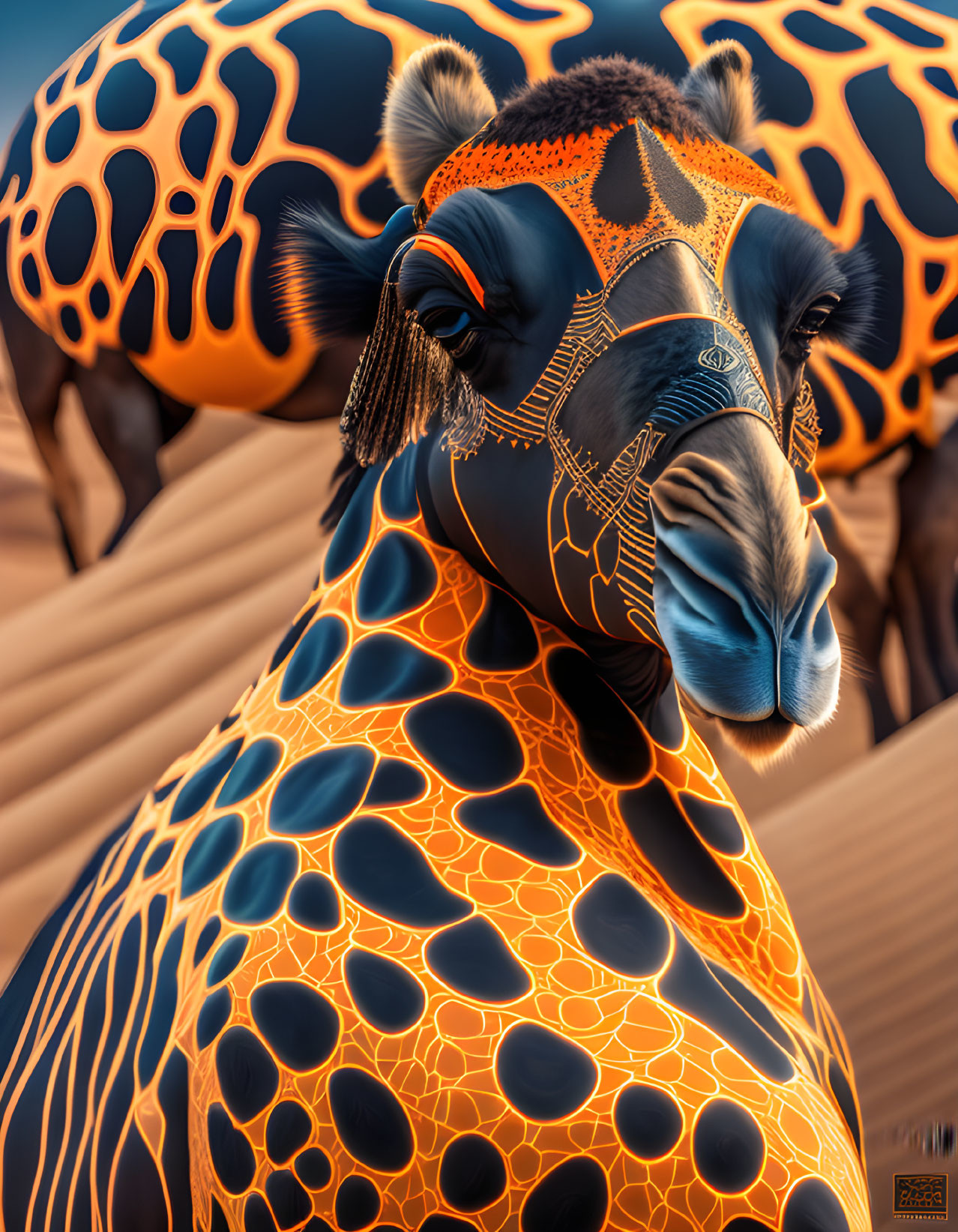 Surreal giraffe with glowing orange patterns on body in desert landscape