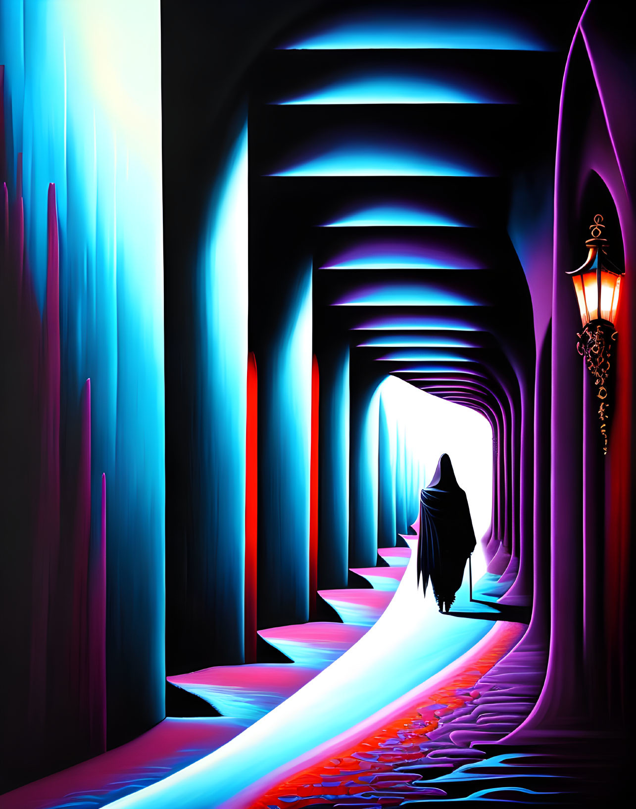 Neon-lit archway corridor with cloaked figure: Vibrant digital artwork