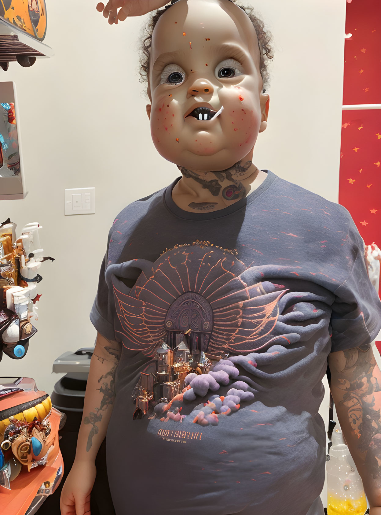 Person in freckled baby mask & graphic tee with tattoos in vibrant store