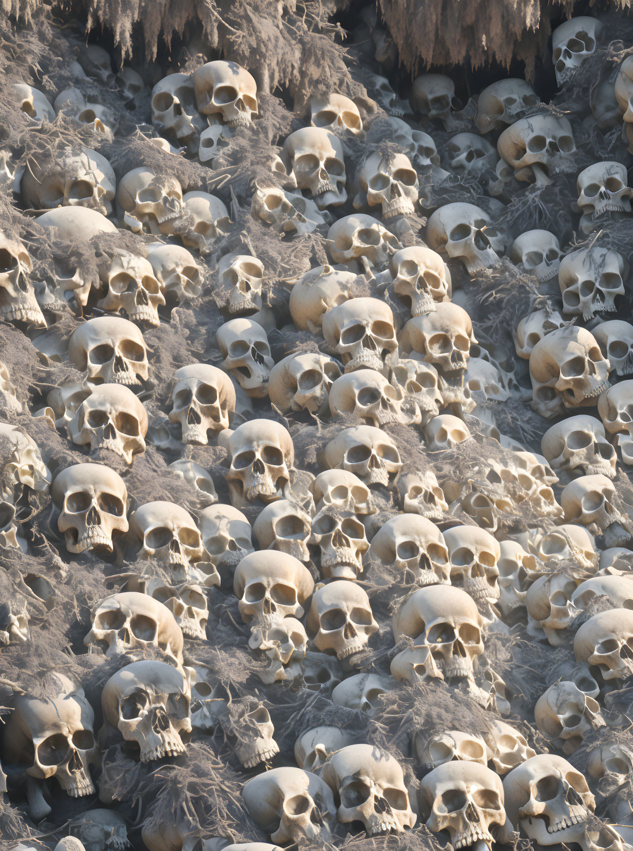 Assortment of human skulls with varied expressions on textured backdrop