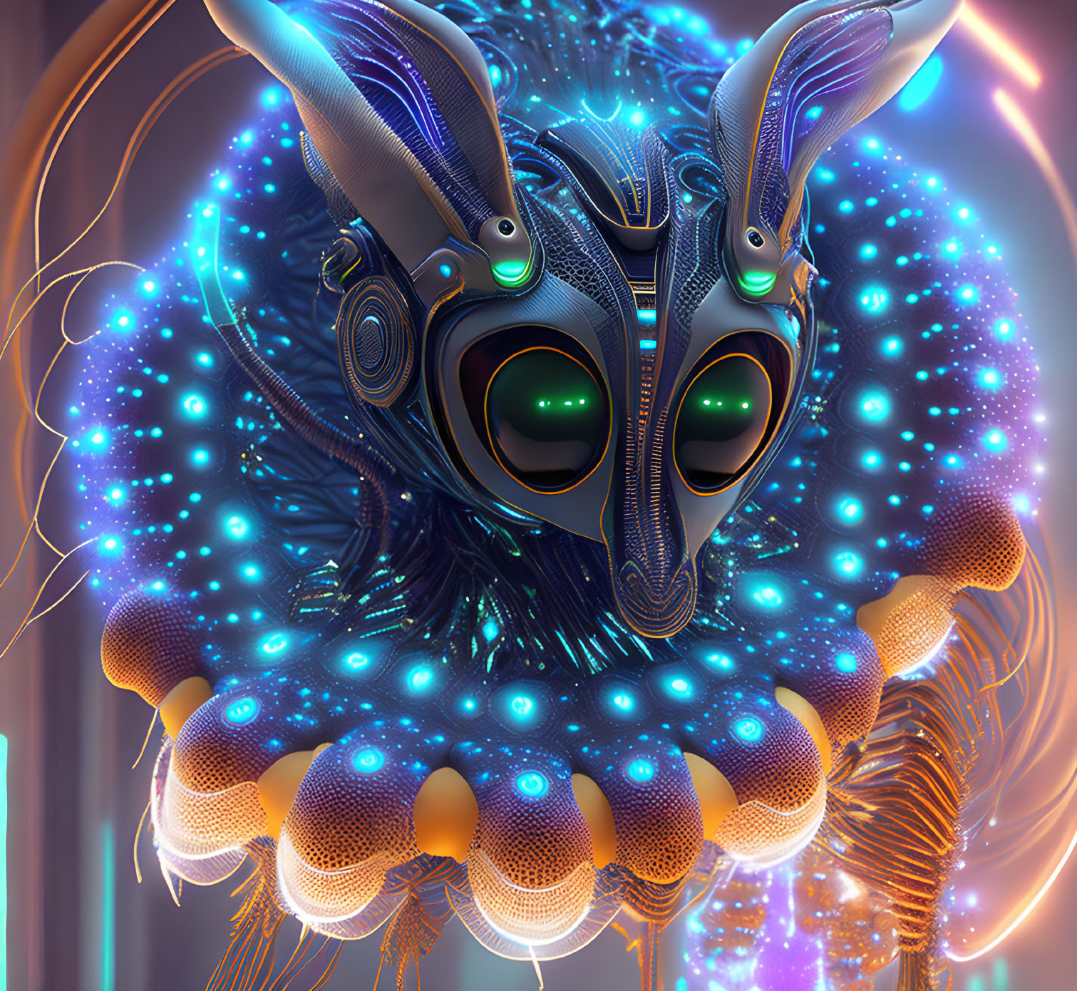 Intricate futuristic robotic creature with glowing green eyes and feather-like details surrounded by neon blue orbs and