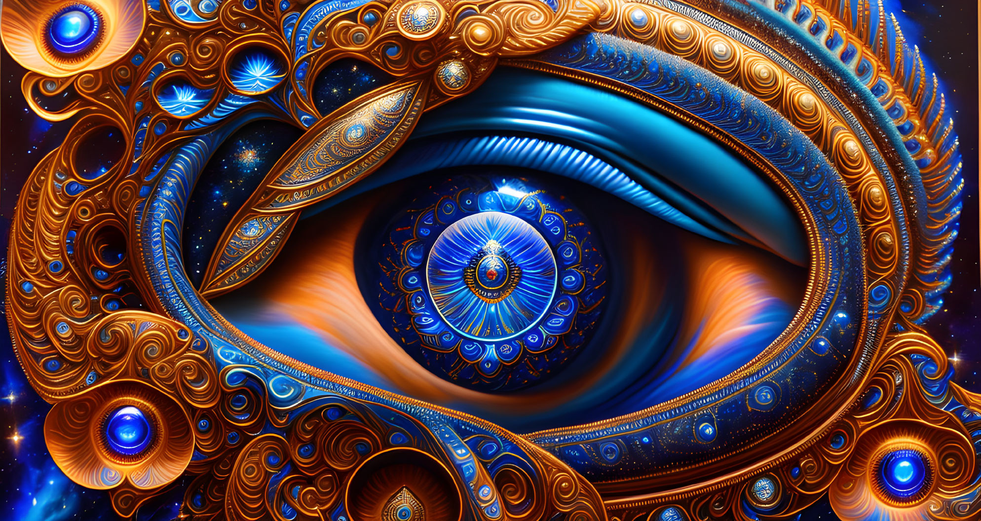 Intricate blue and orange fractal eye art with swirls