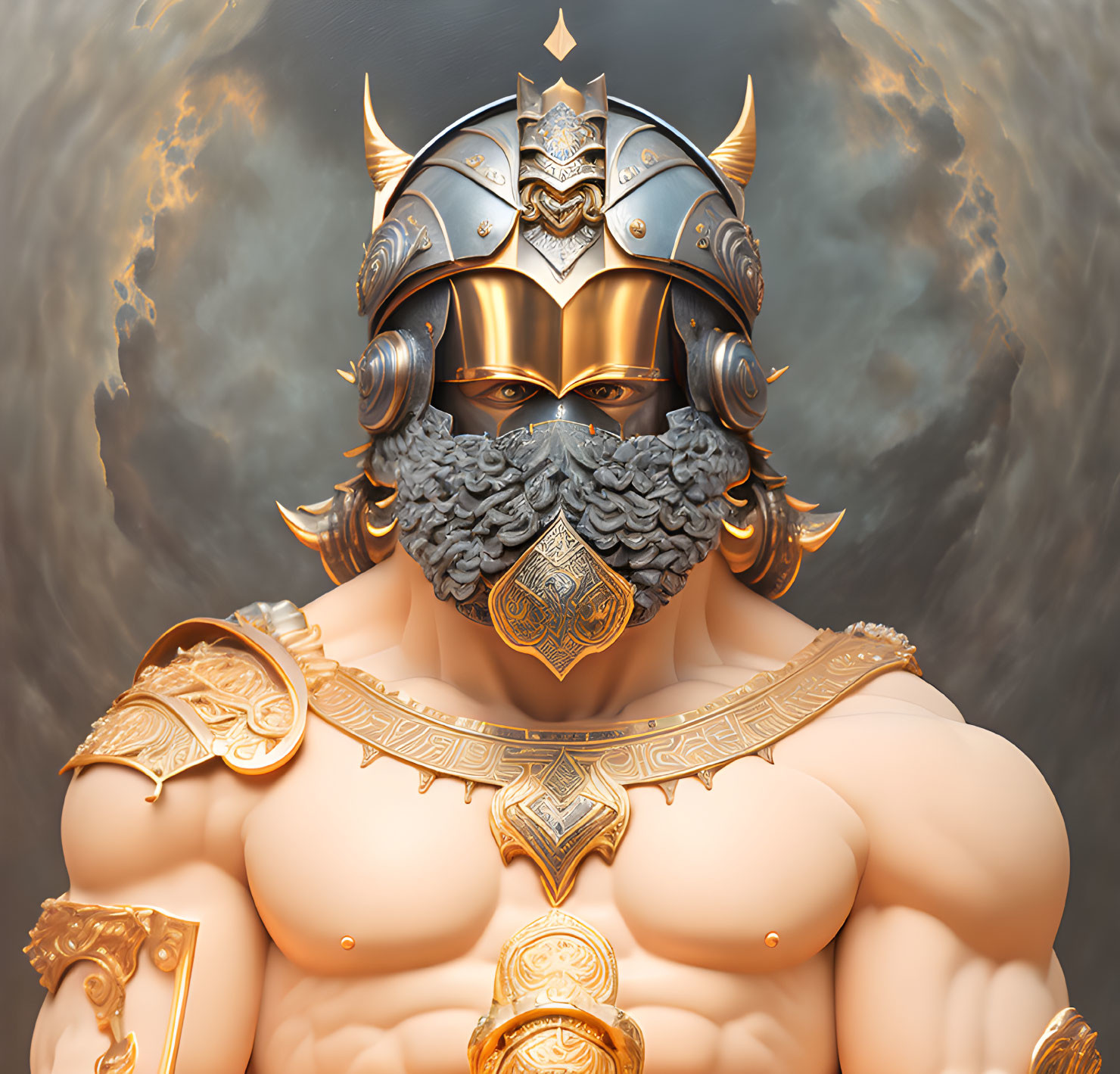 Muscular figure in golden armor with helmet and mask on cloudy backdrop