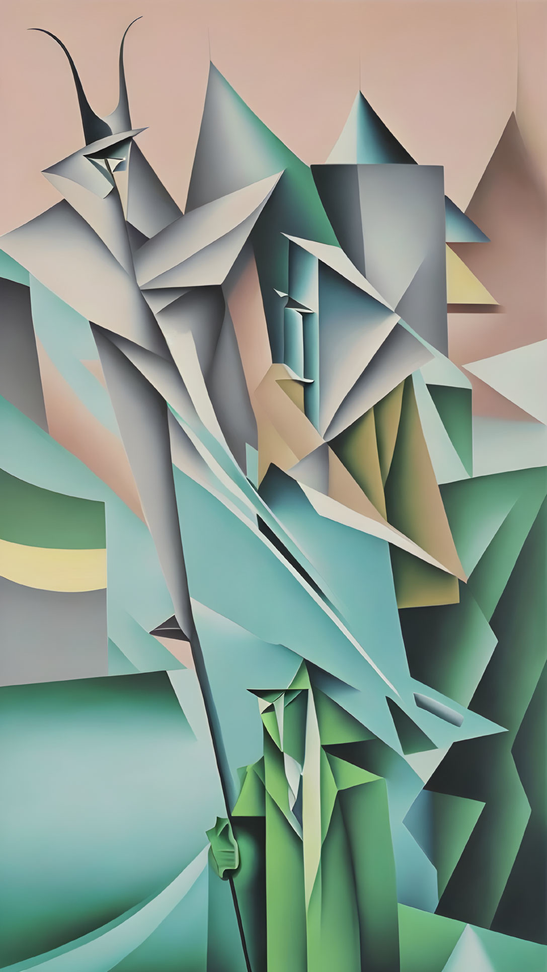 Geometric Cubist painting in green, blue, and beige depicting fragmented landscape.