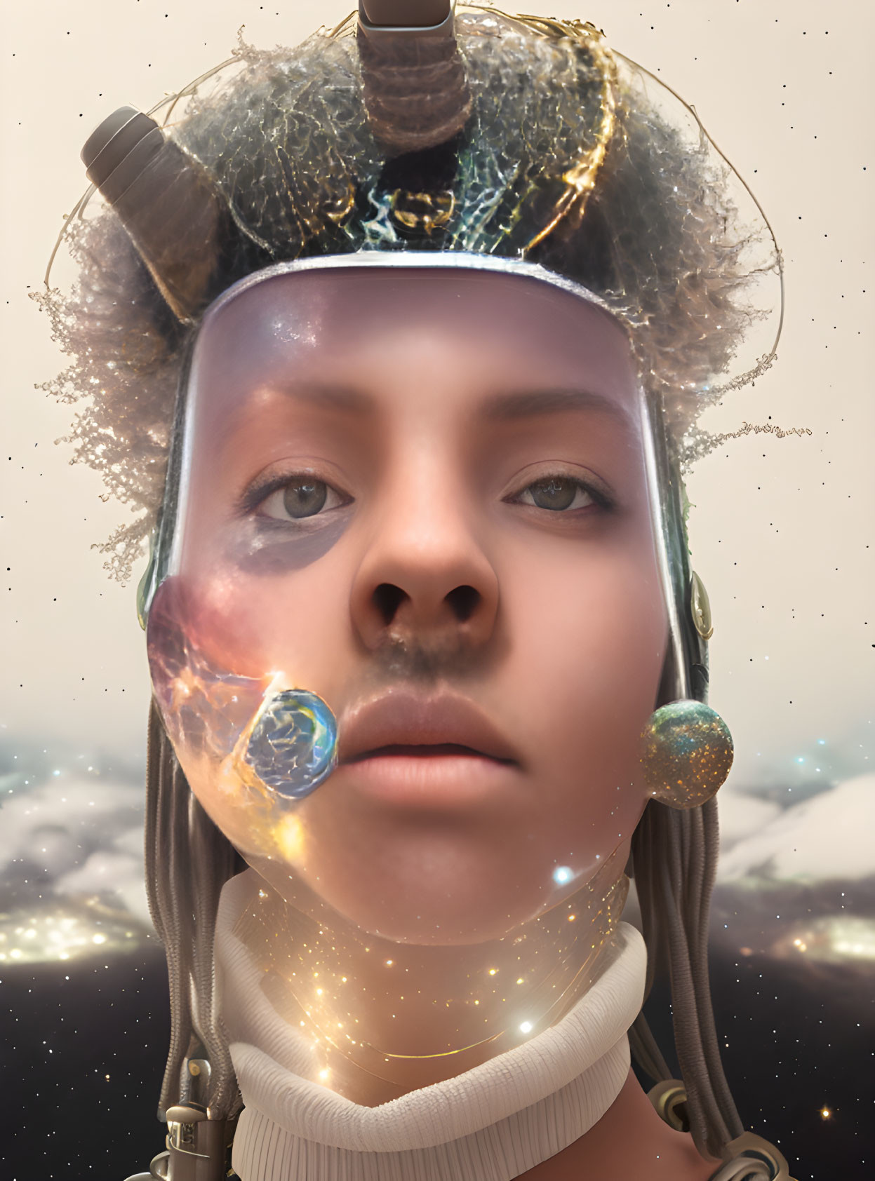 Portrait of person with translucent helmet featuring galaxies, planet adornment, cosmic backdrop