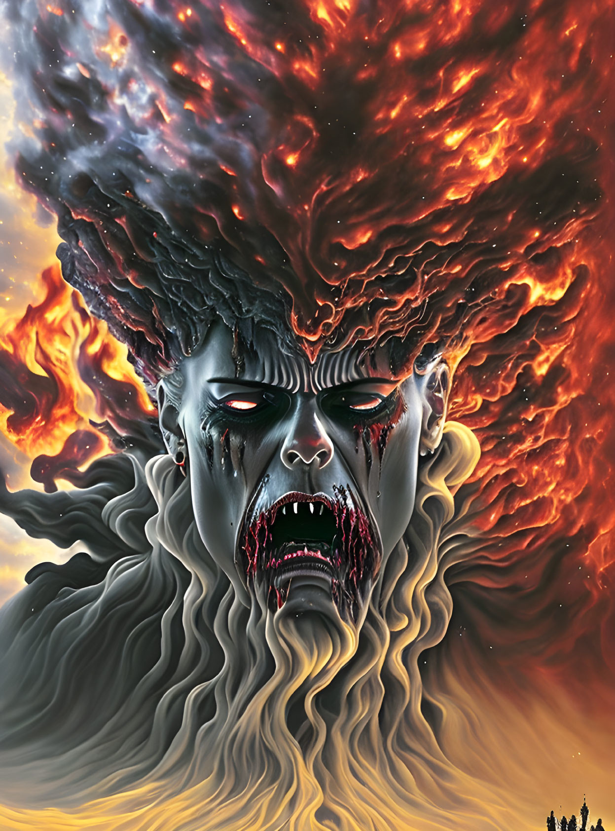 Fiery-maned creature roaring in intense illustration