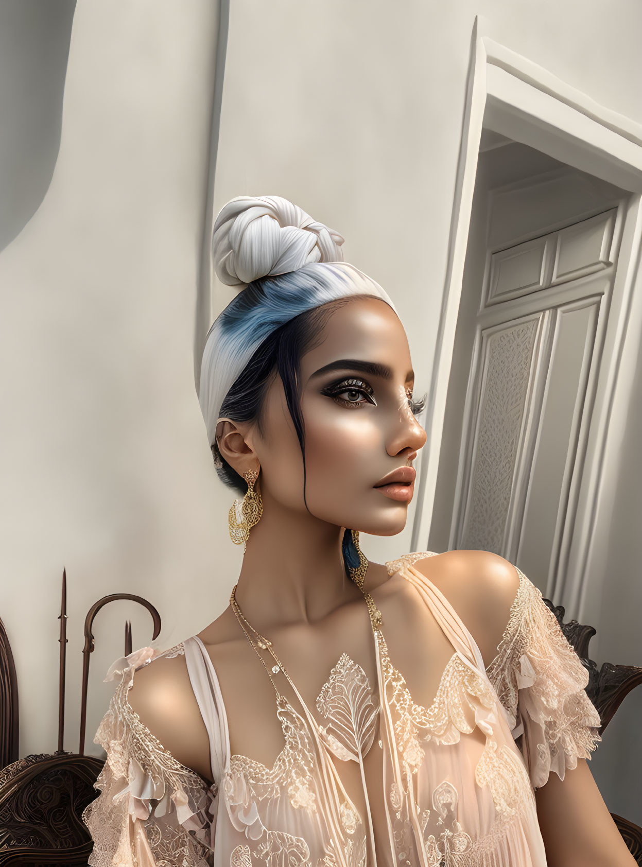 Woman with Updo Hairstyle, Blue Highlights, Dramatic Makeup, Gold Earrings, Peach Out