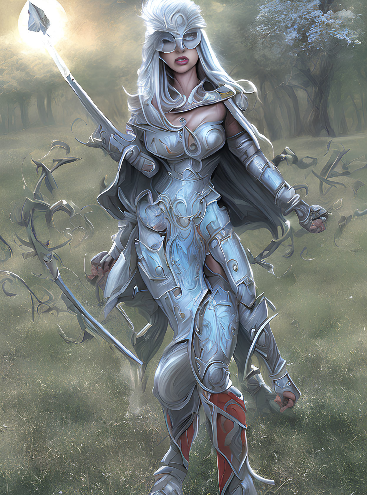 Warrior woman in silver armor with spear on misty battlefield