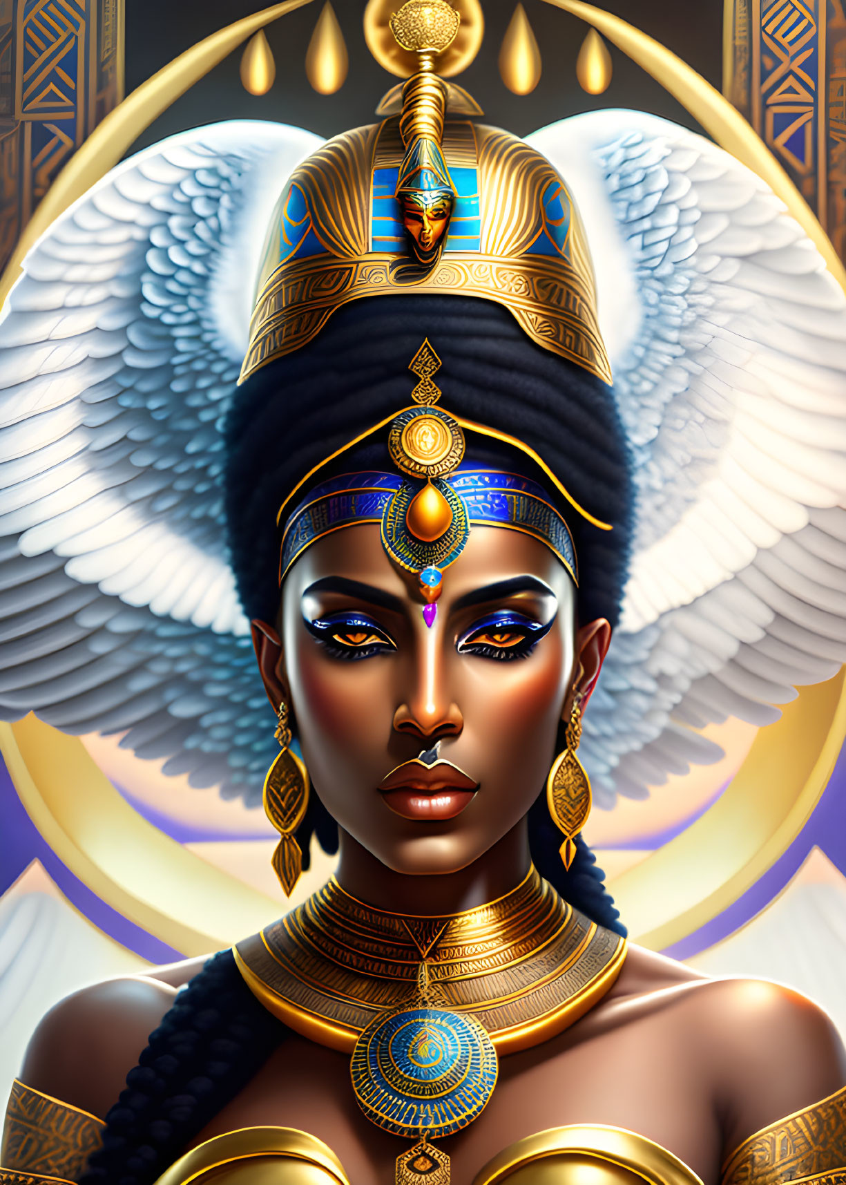 Regal woman illustration with Egyptian headdress and gold jewelry