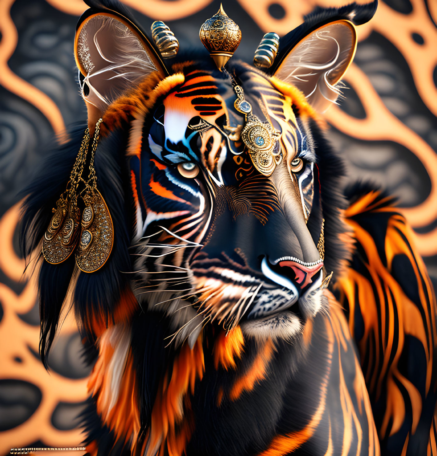 Detailed Tiger Artwork with Ornate Jewelry on Abstract Background