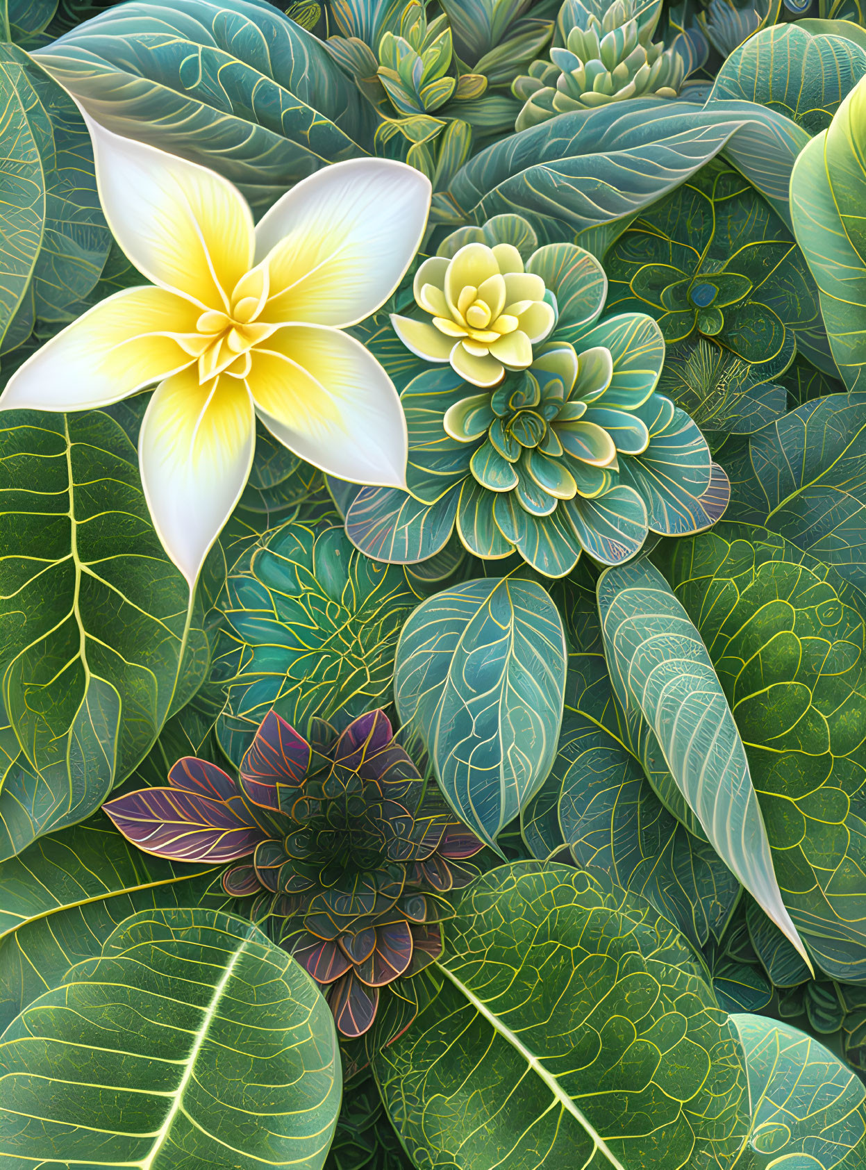 Detailed Botanical Illustration of Lush Foliage and Blooming Flowers