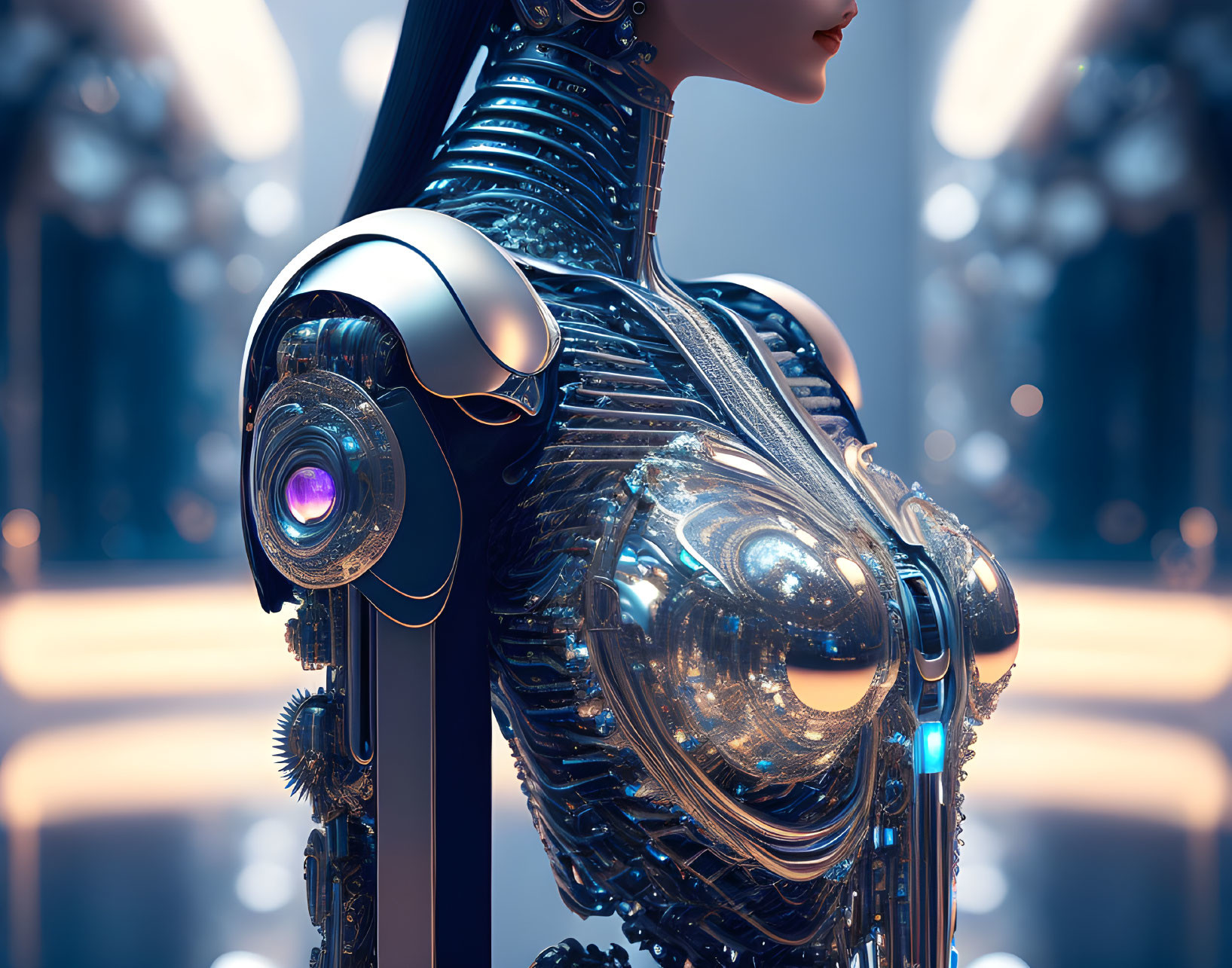 Detailed Female Robot with Glowing Blue Lights in Futuristic Setting