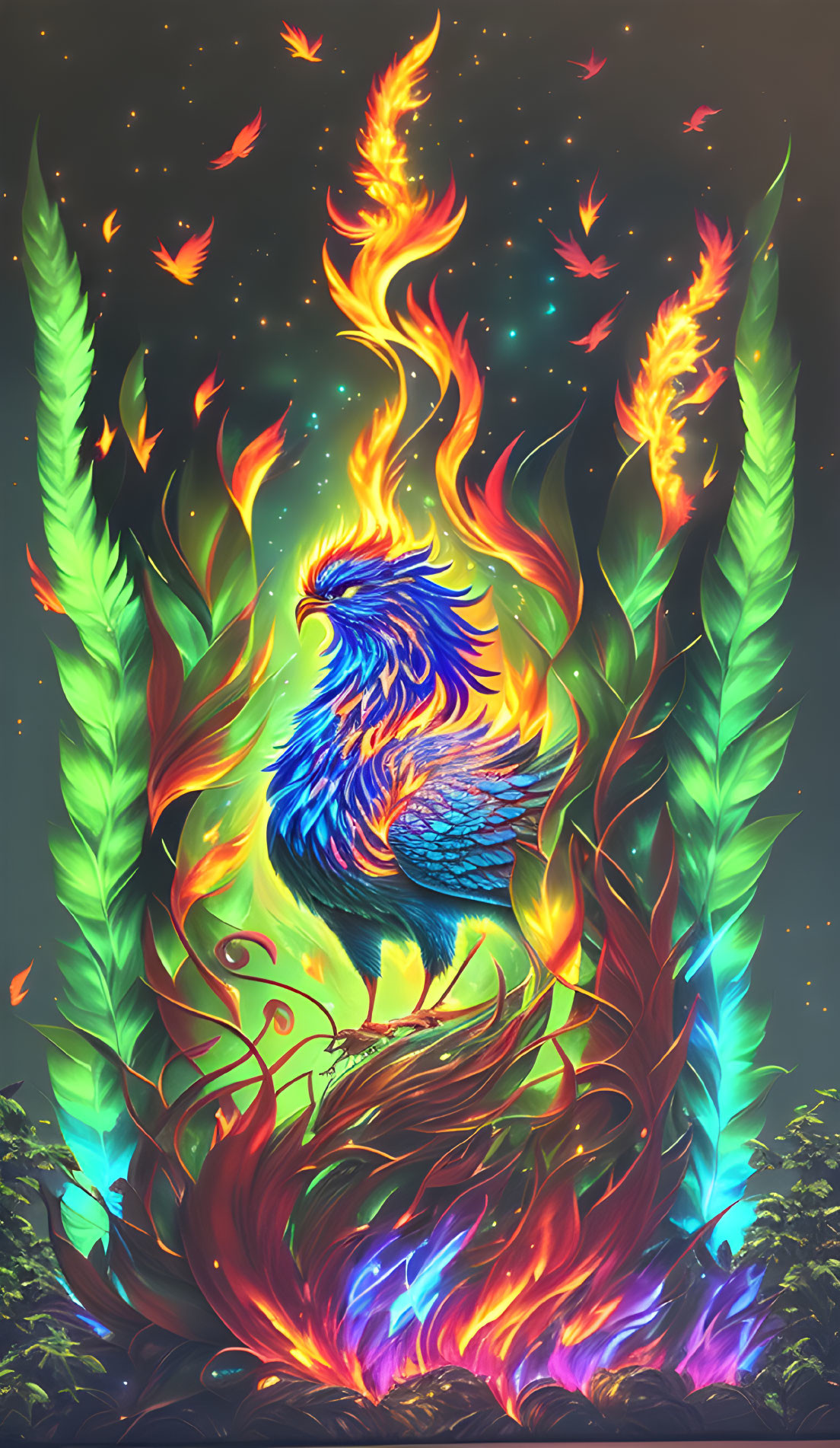 Colorful Phoenix Rebirthing in Flames Among Starry Sky