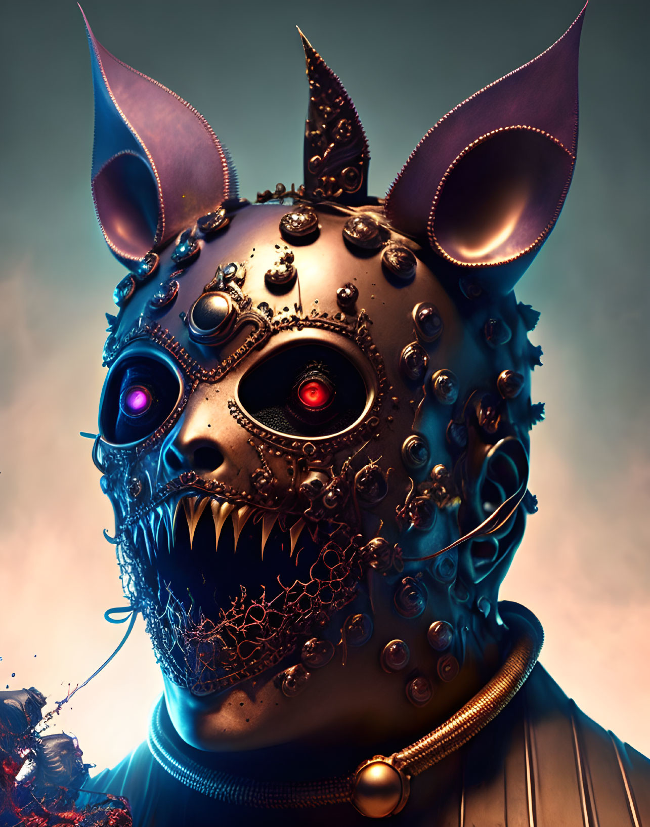 Surreal portrait of creature with metallic devilish mask and glowing eyes