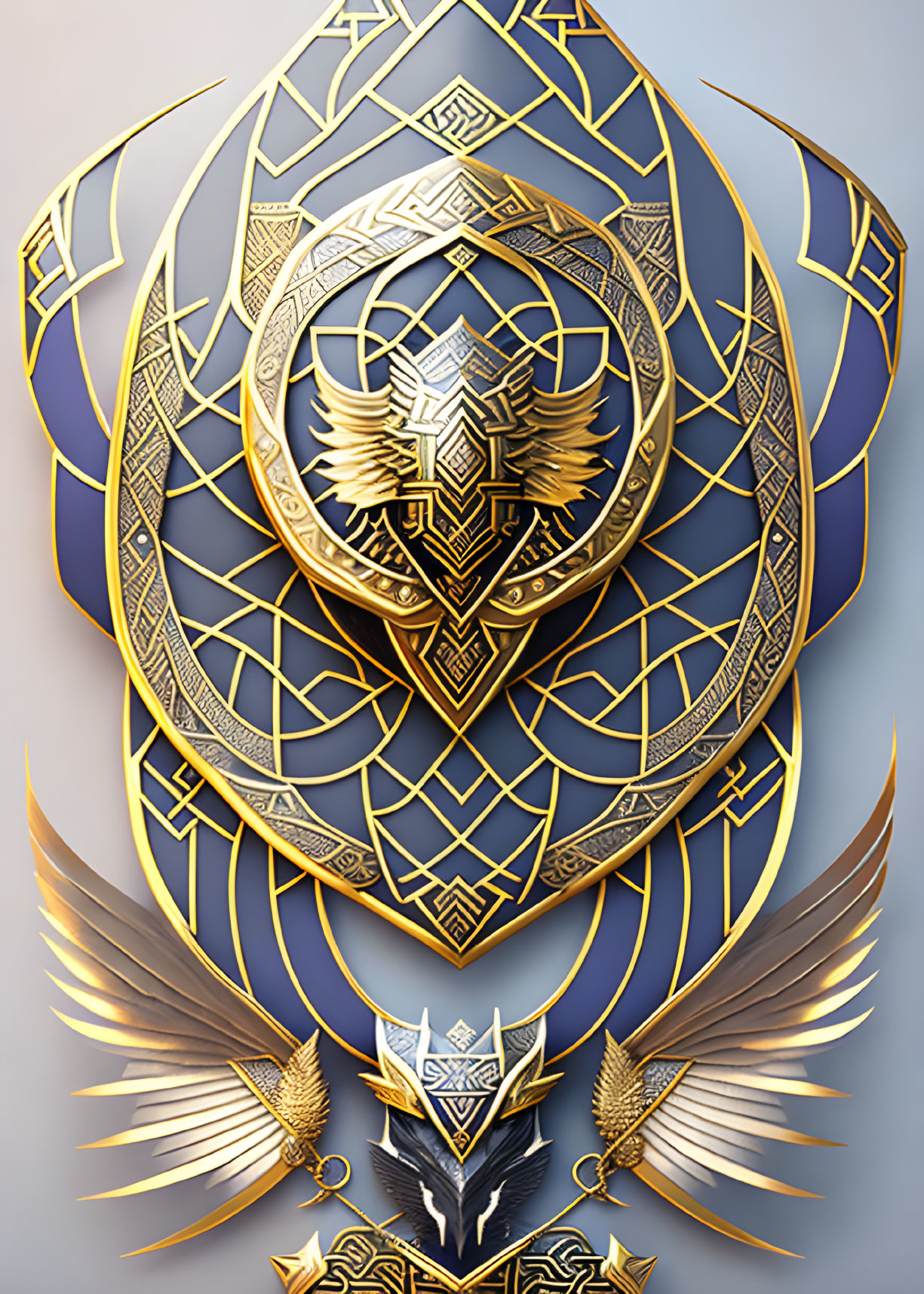 Golden geometric emblem with wings, shield, and bird motif on blue background