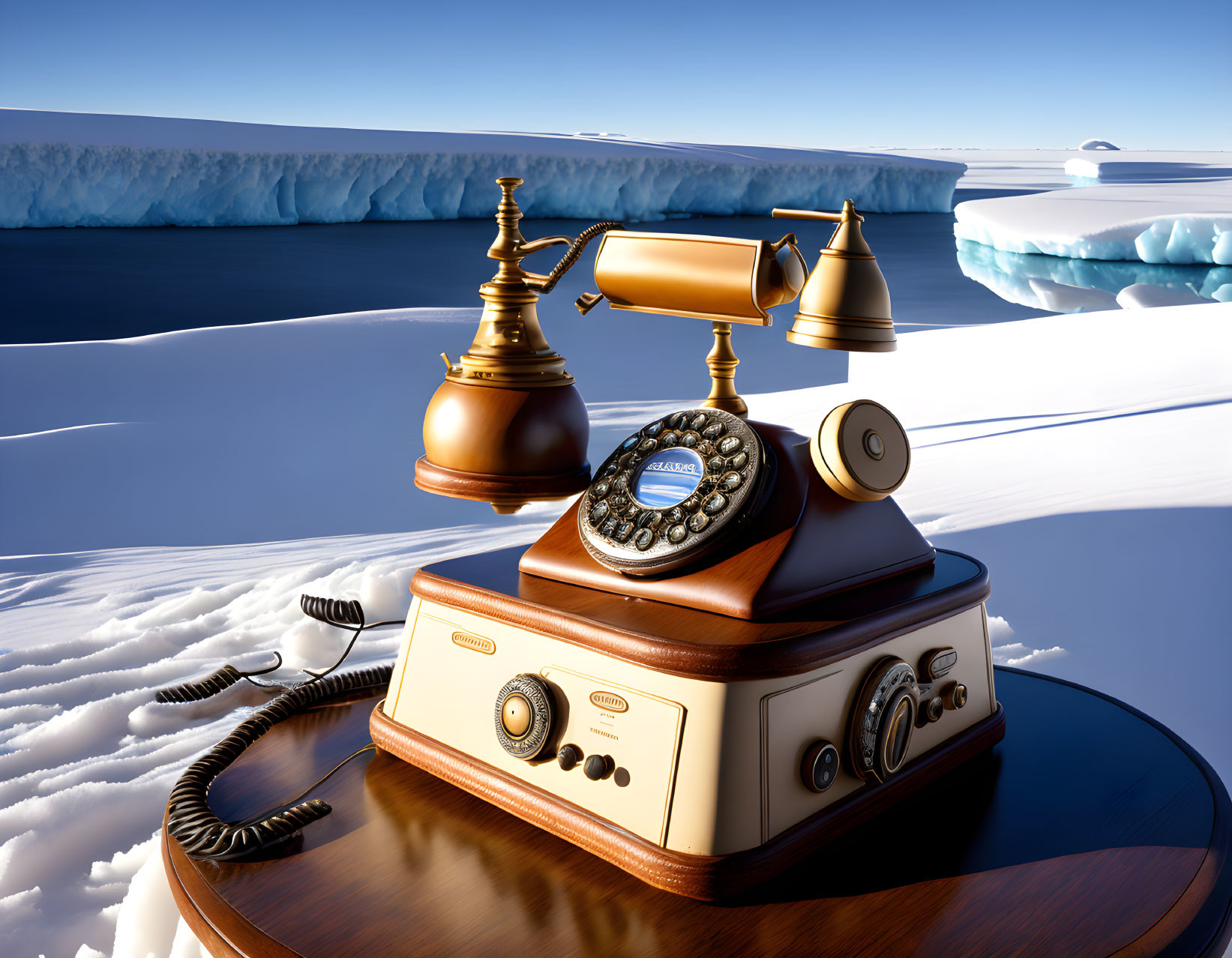 Vintage Rotary Dial Telephone on Wooden Table in Icy Landscape