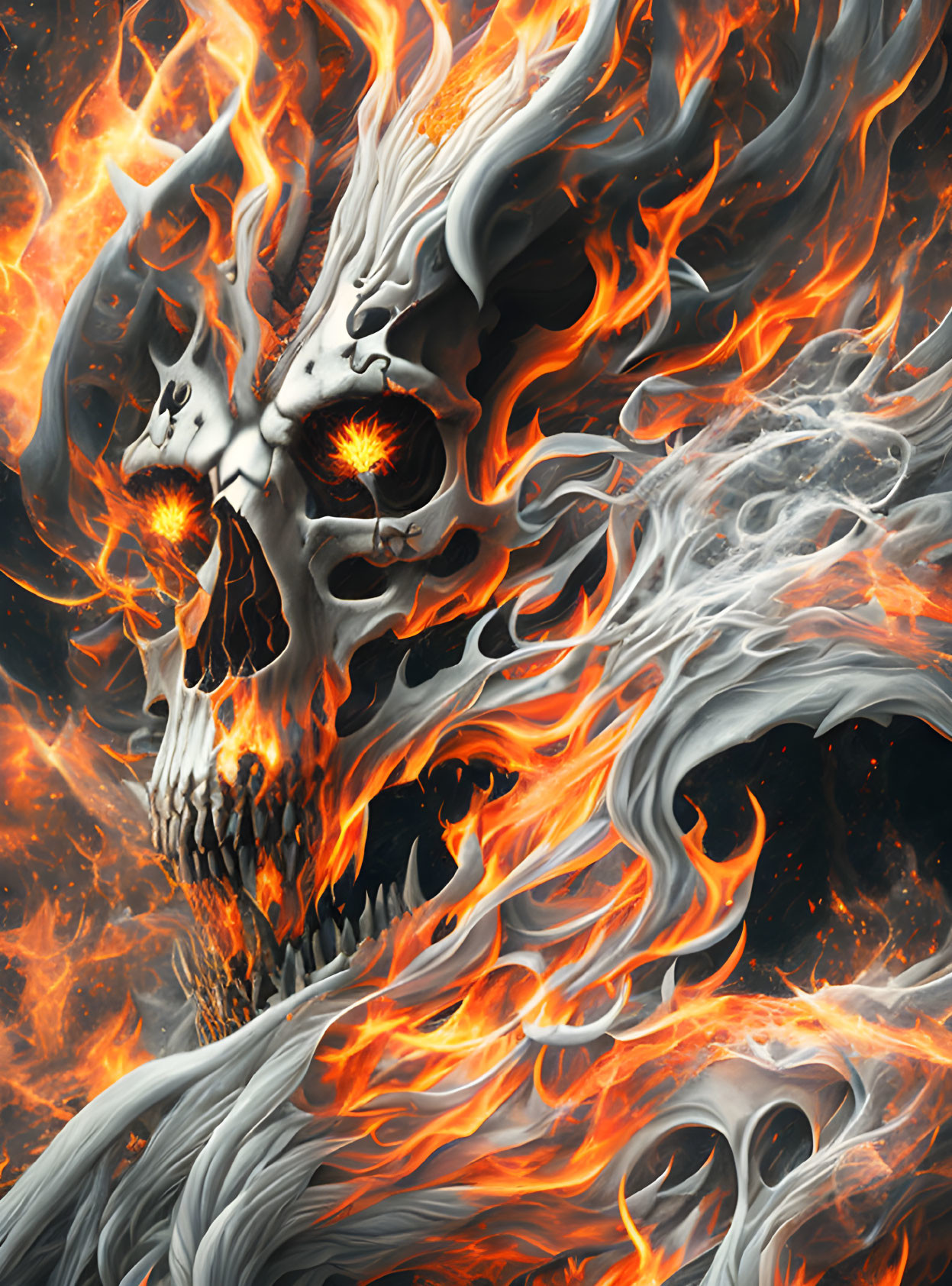 Flaming skull with fiery hair and glowing eyes