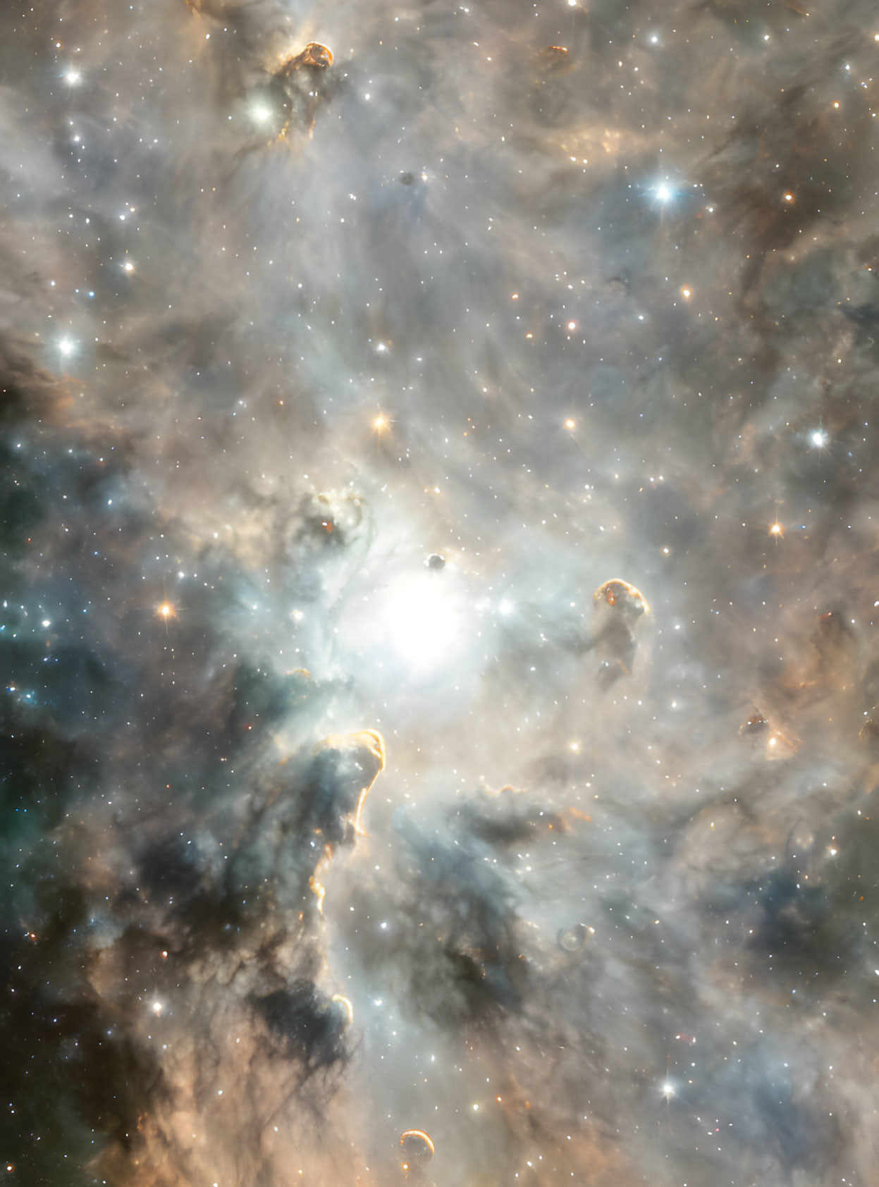 Bright central star surrounded by intricate celestial clouds and stars.