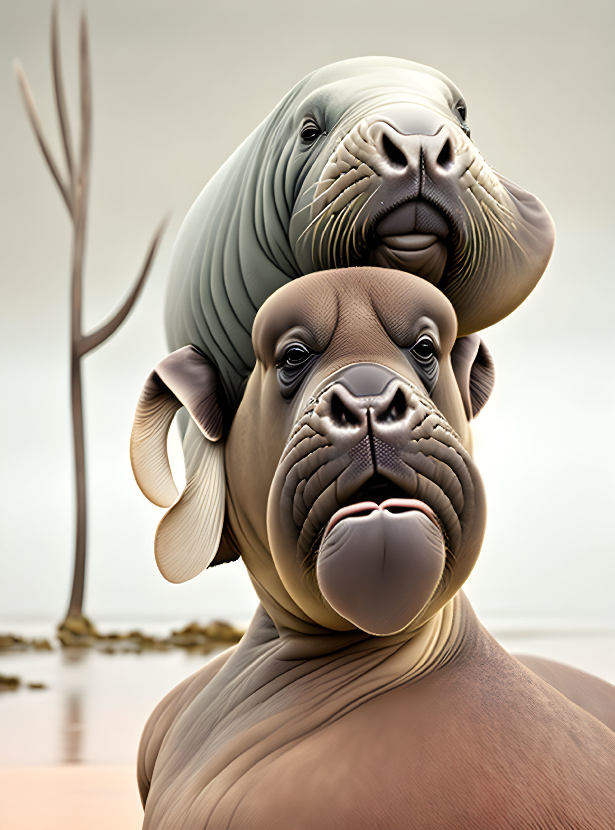 Surreal image: Stacked walrus and bulldog animals in barren landscape