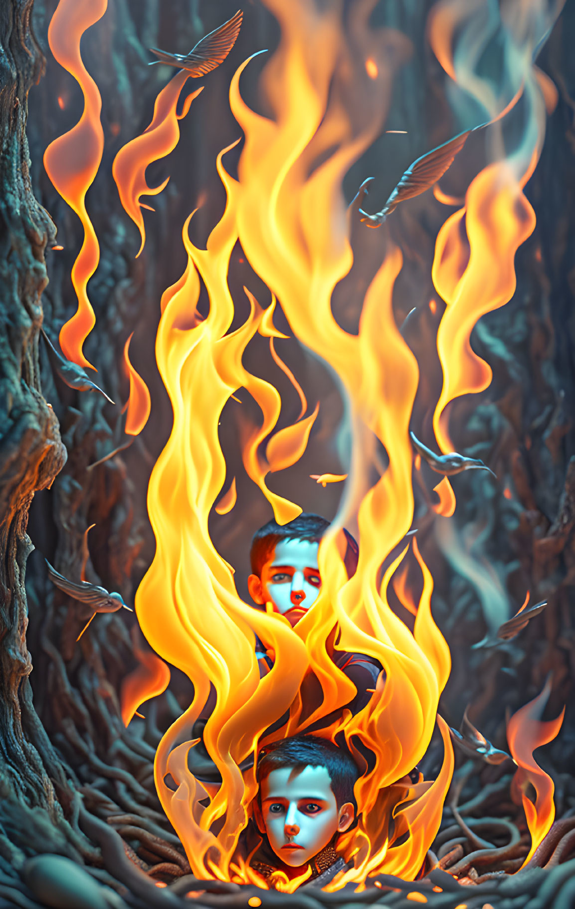 Flaming faces emerge from bark-like structures