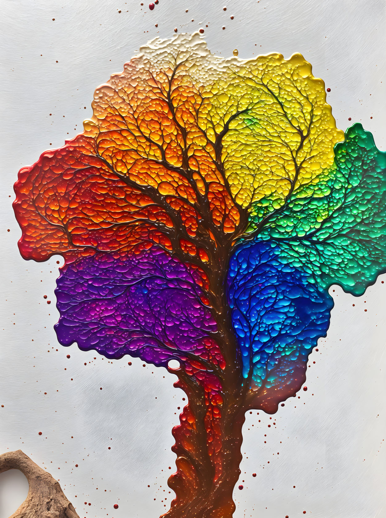 Colorful tree painting with stained-glass effect in purple to yellow gradient