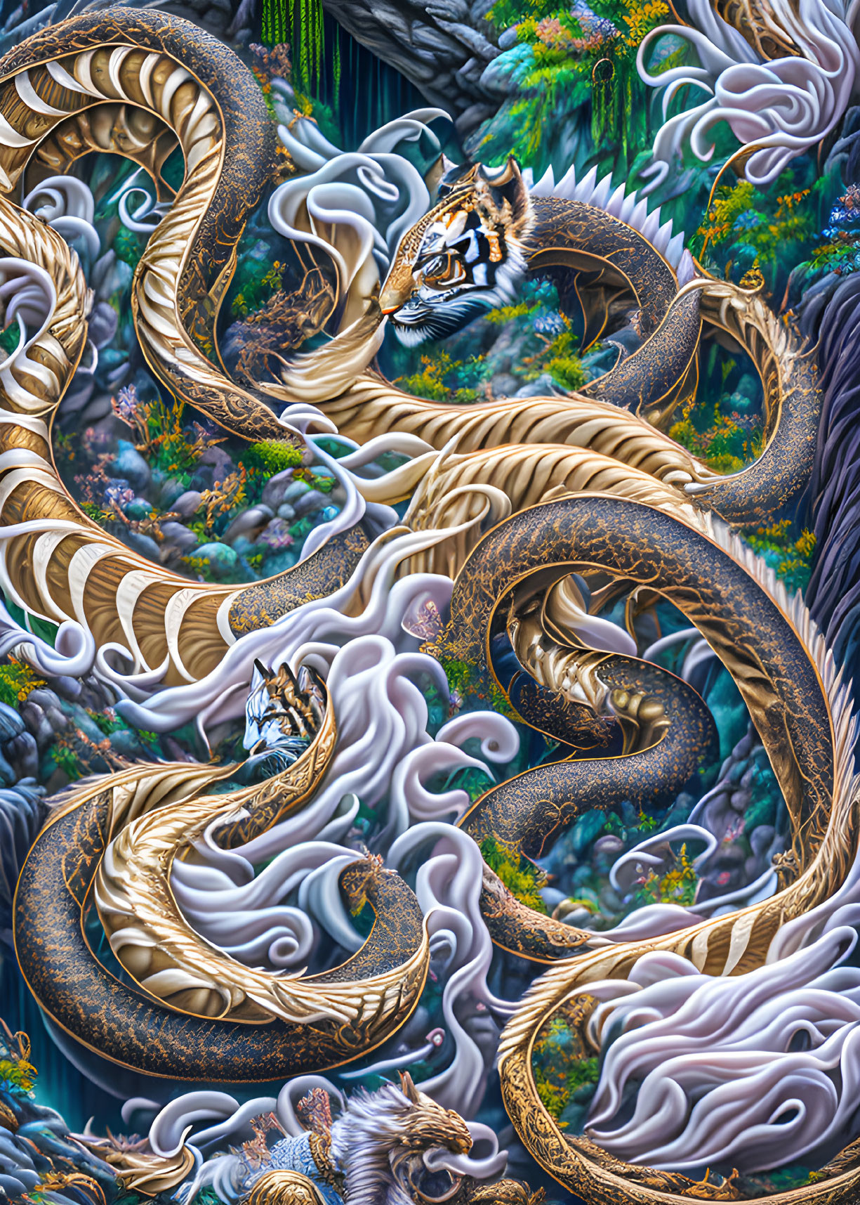 Detailed digital artwork of swirling dragons in mystical forest