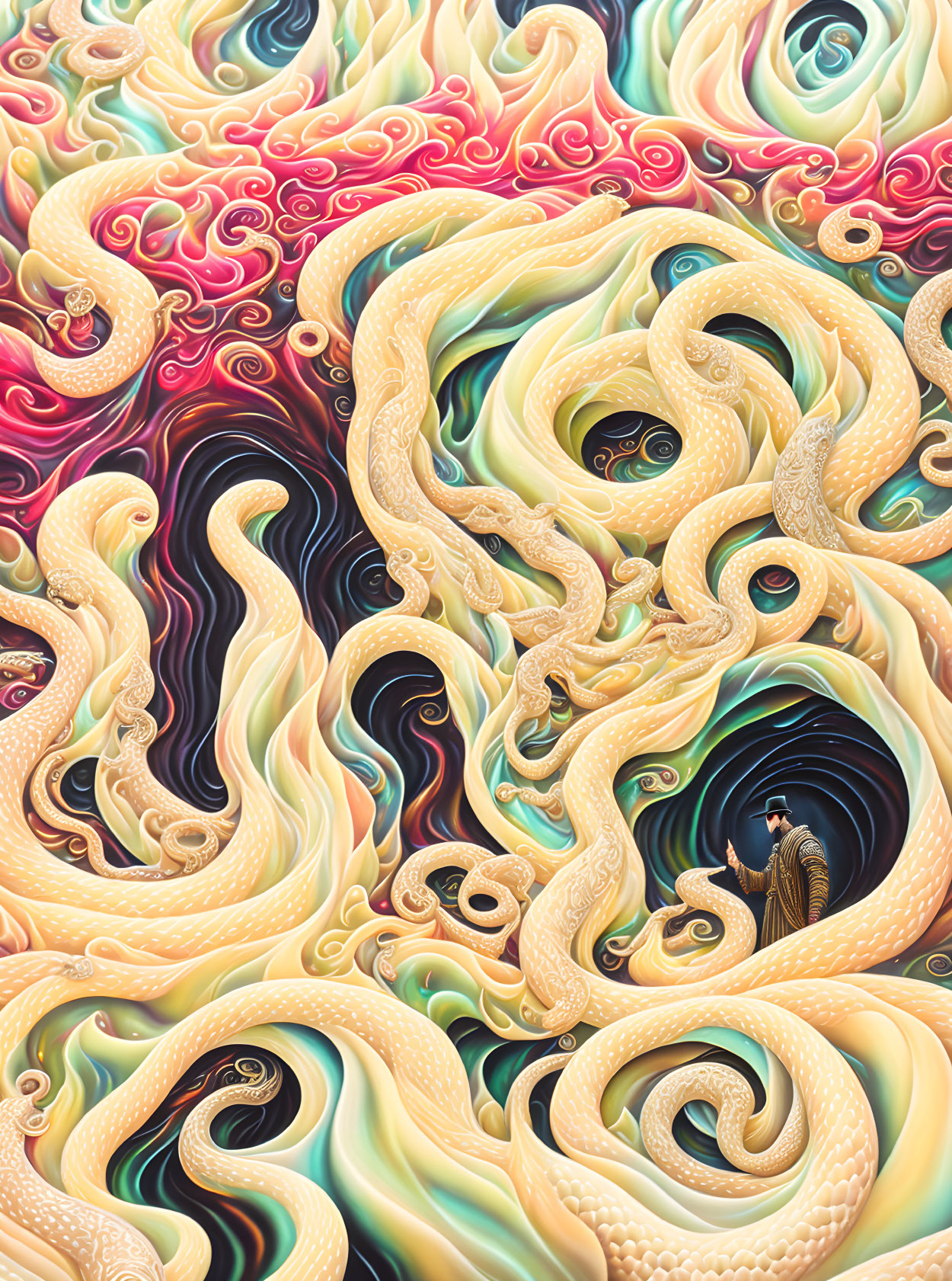 Colorful Swirling Patterns and Tentacle-Like Forms in Digital Art