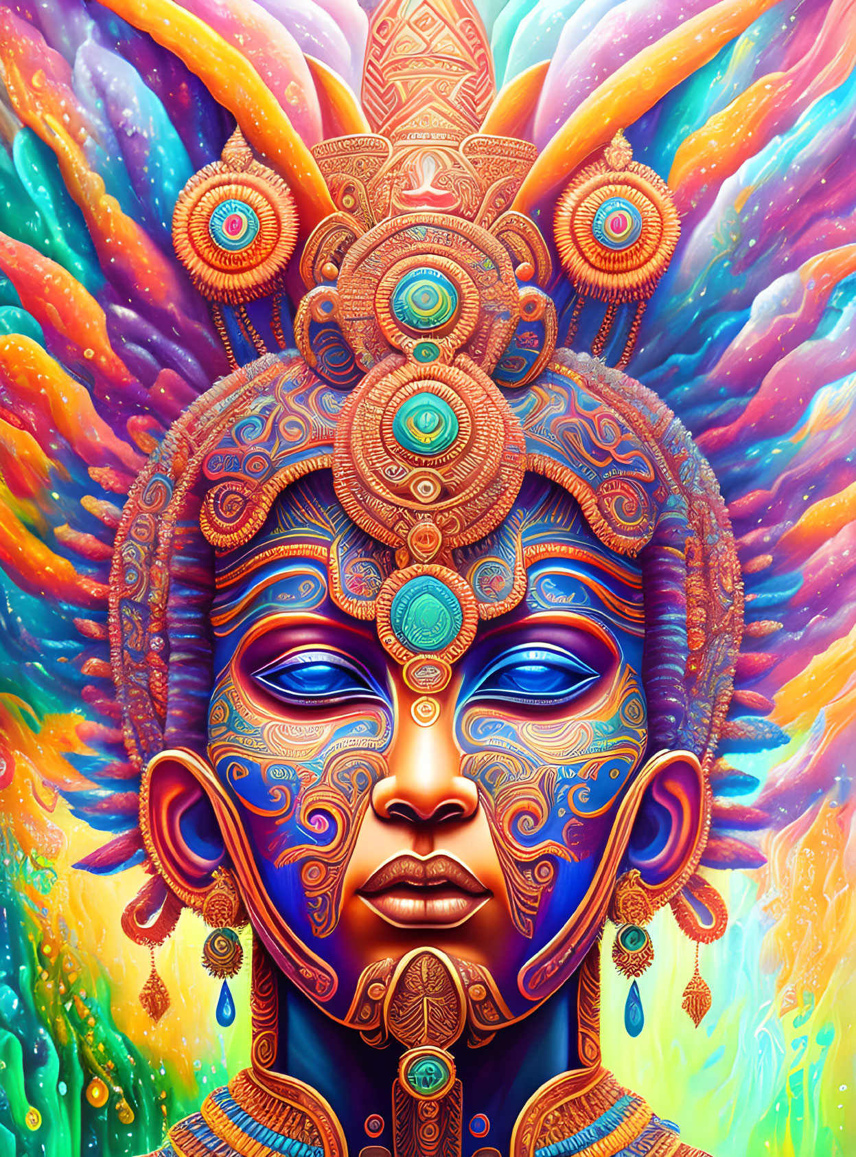 Colorful psychedelic portrait of deity-like figure with intricate patterns and cosmic backdrop