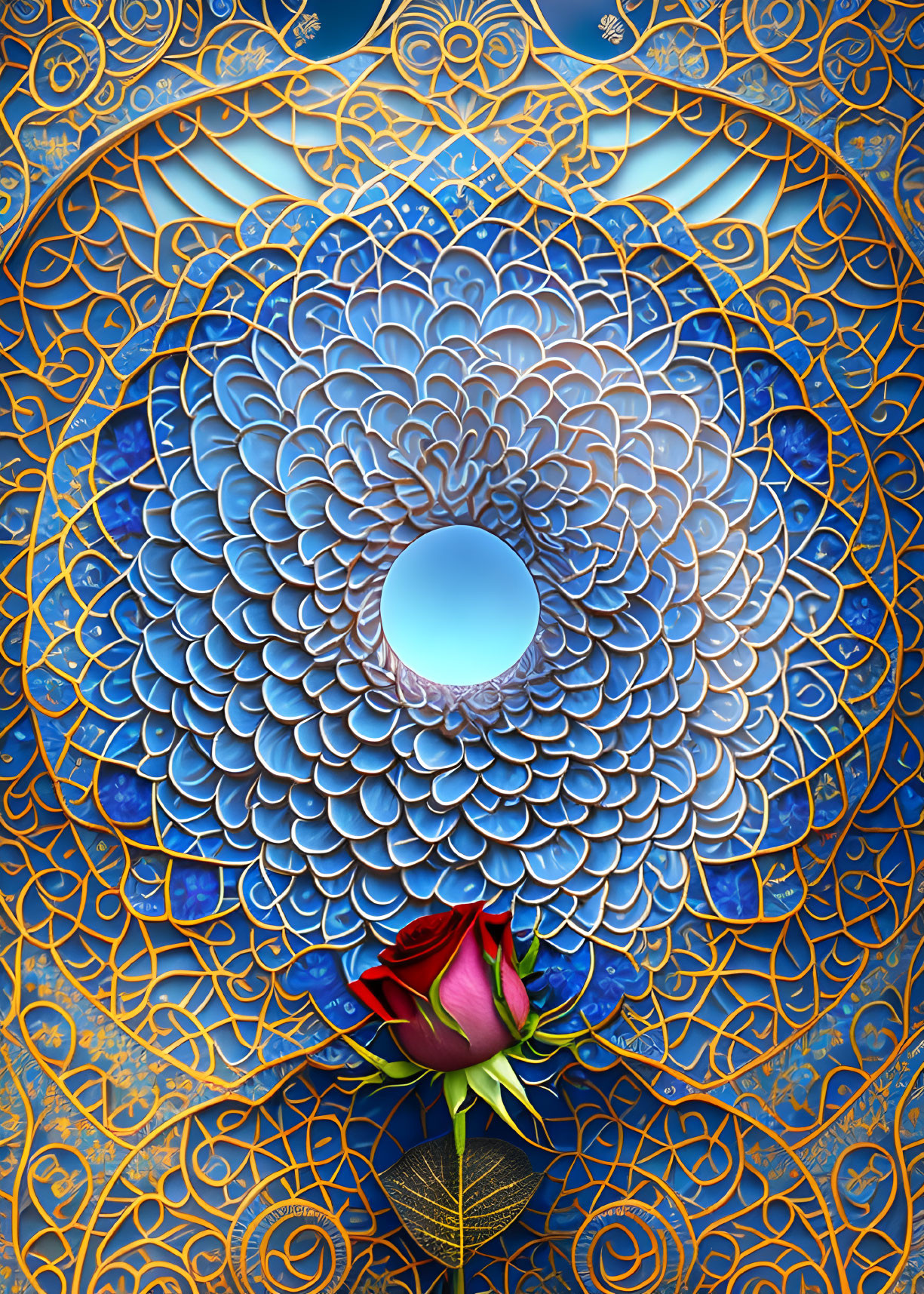 Detailed digital artwork: Mandala with gold and blue patterns, red rose with green stem