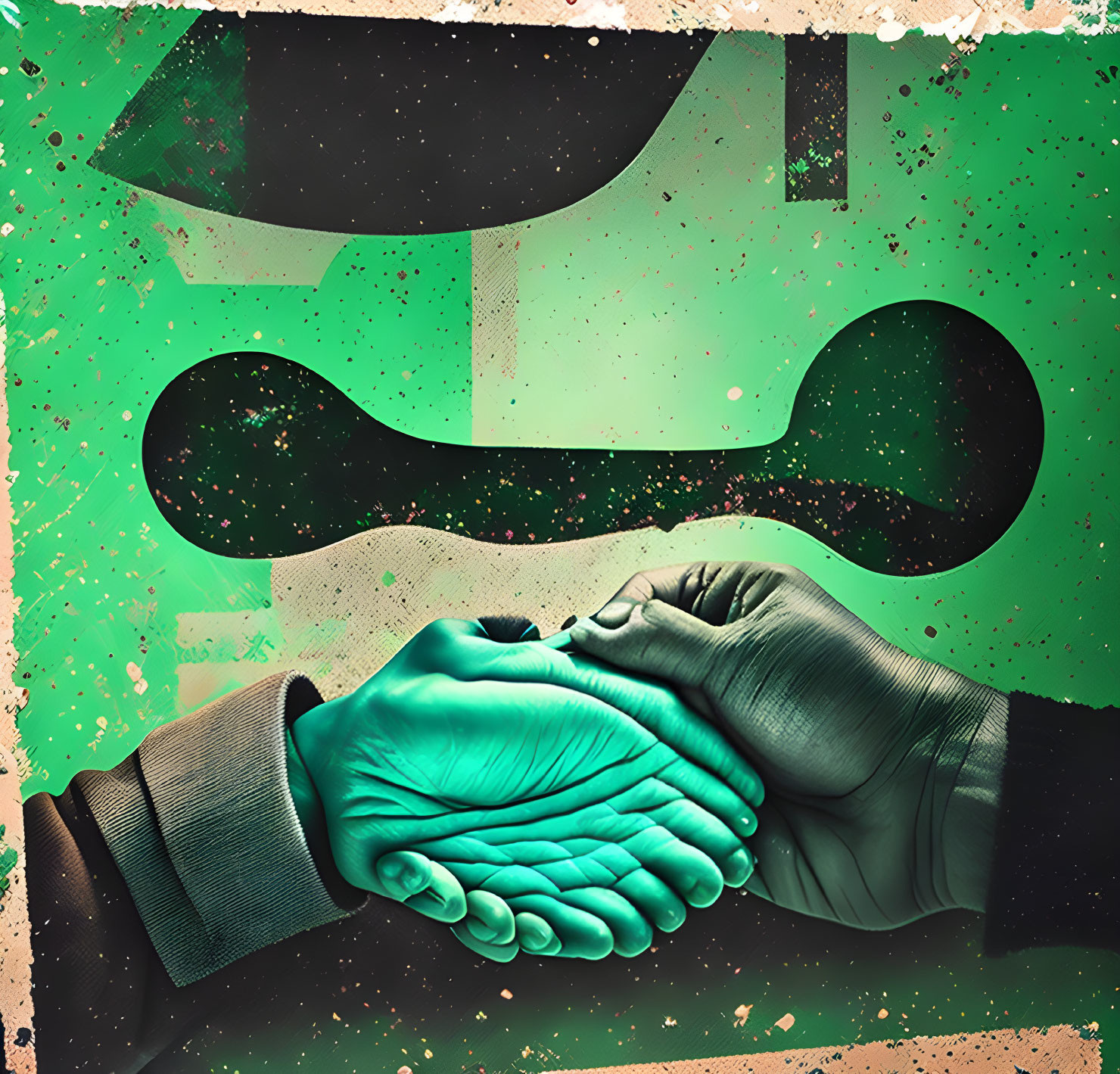 Abstract Image: Green Handshake on Geometric Background