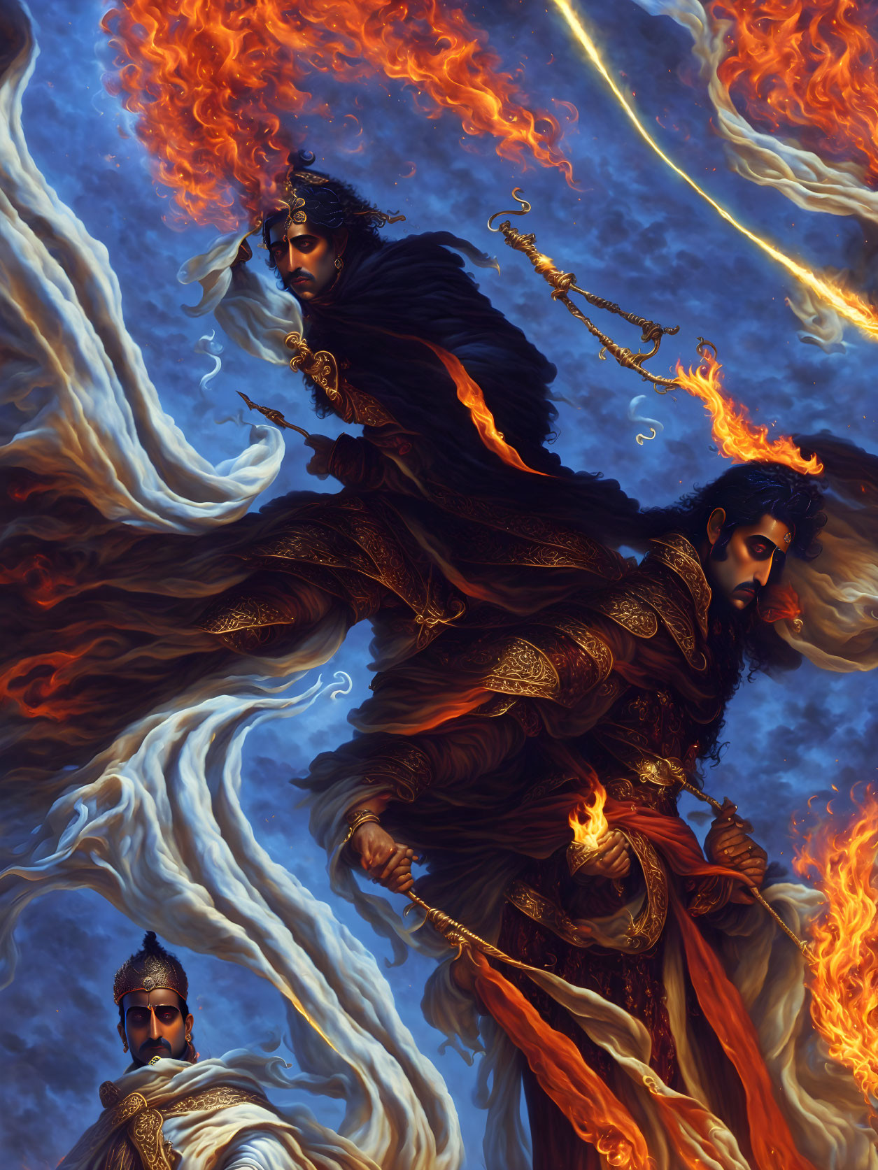 Ornate armor-clad figures in fiery setting display power