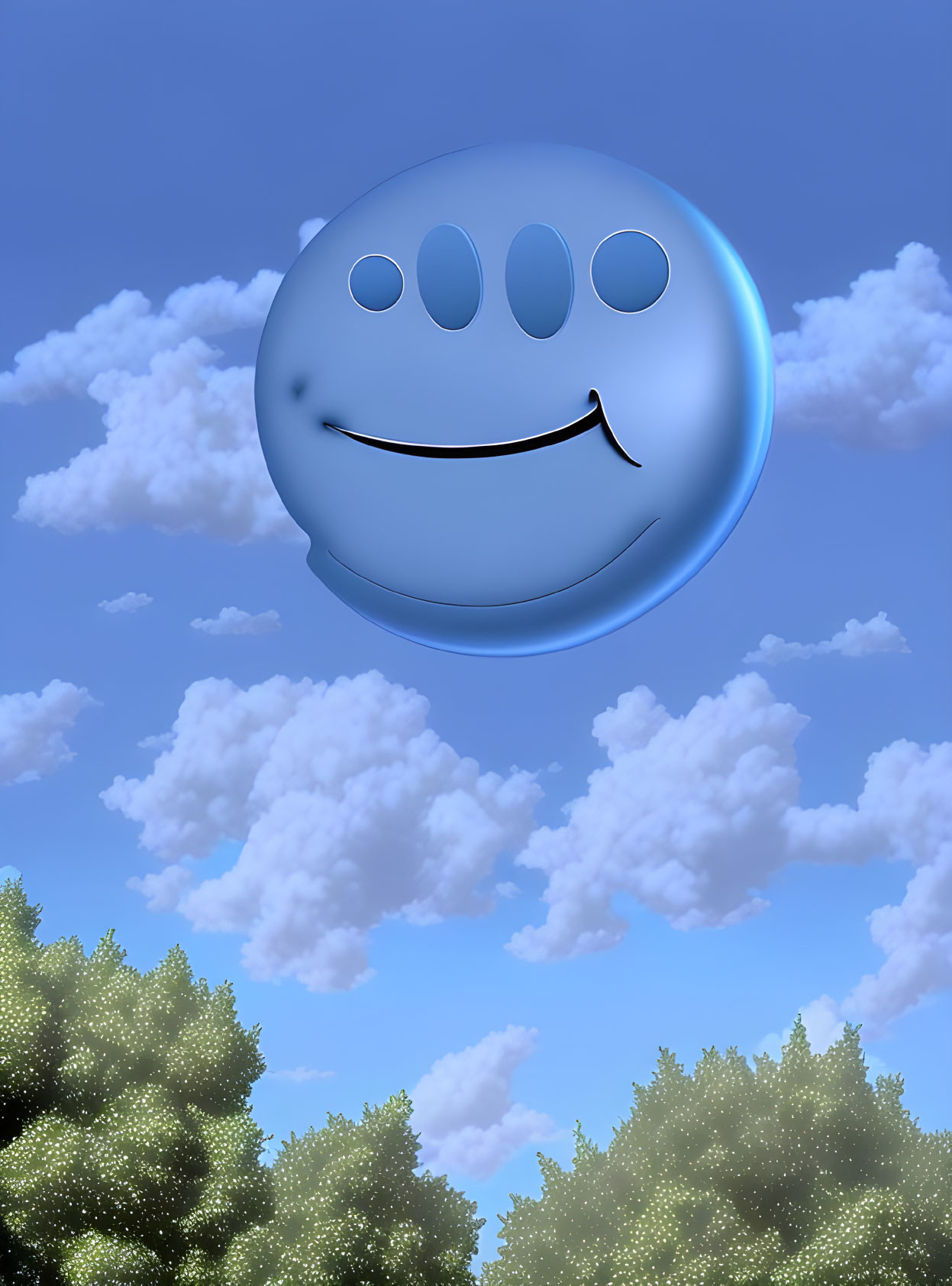 Blue smiley face emoji in clear blue sky with clouds and trees.