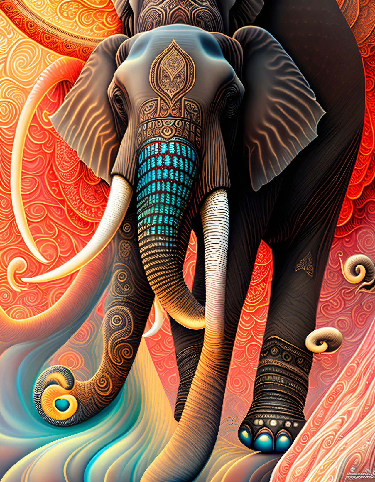 Colorful Ornate Elephant Art on Swirling Background