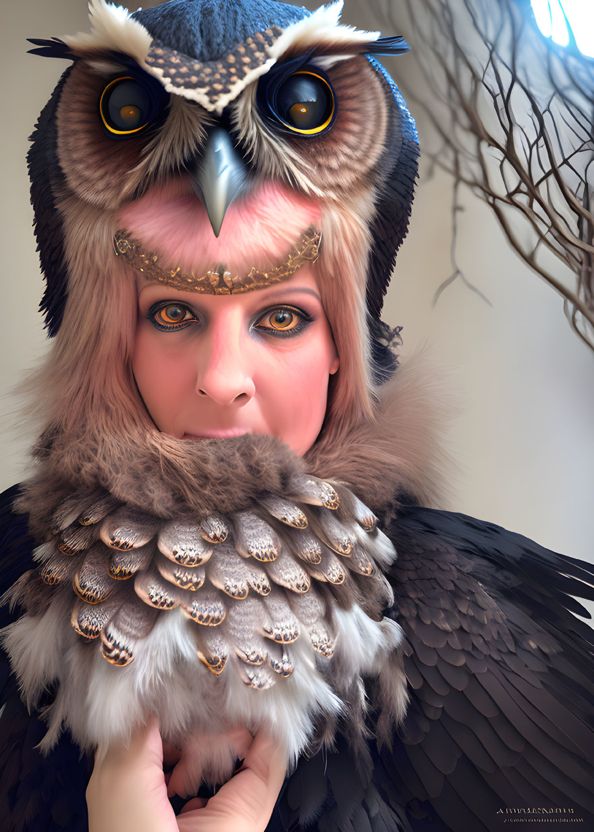 Surreal portrait of woman with owl features