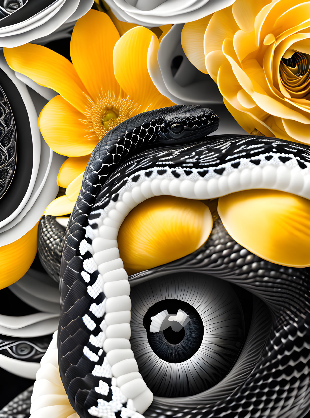 Detailed Black and White Snake with Yellow and White Flowers and Eye