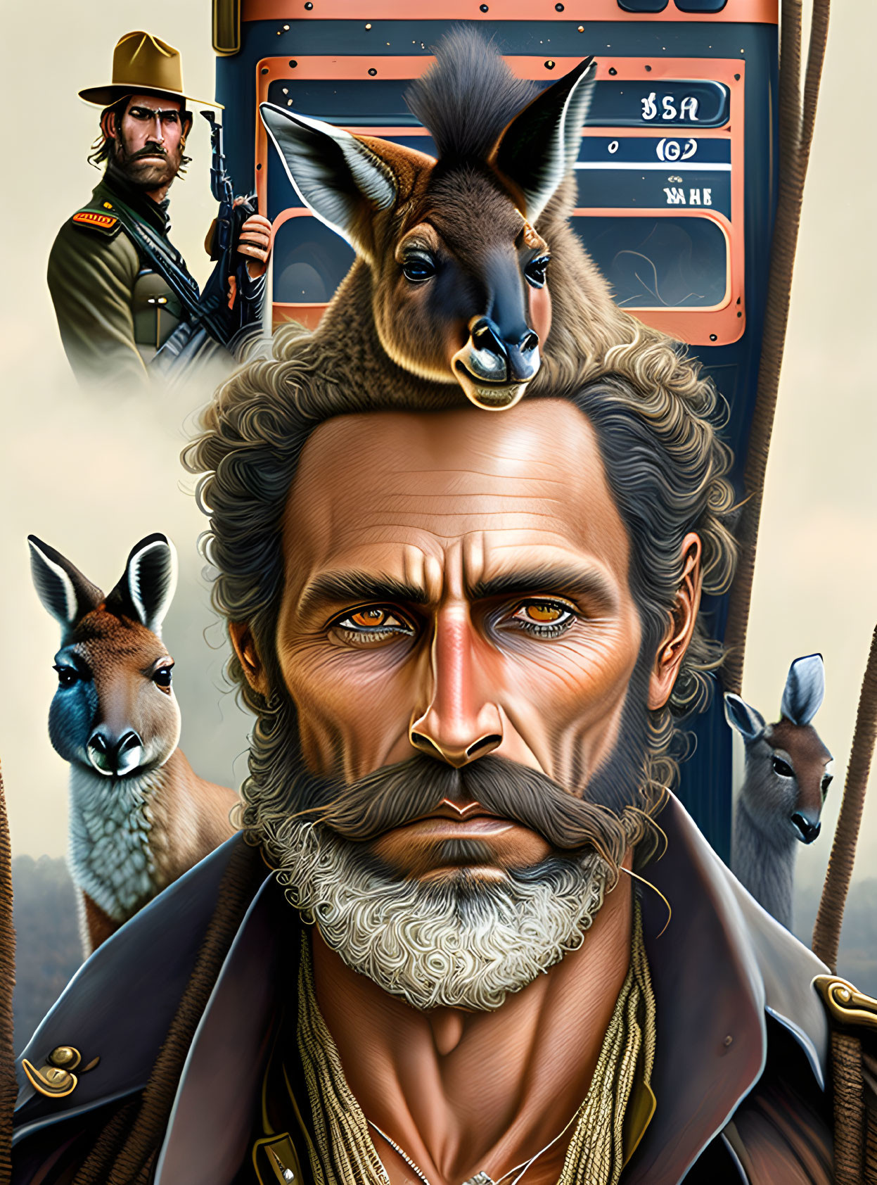 Hyperrealistic illustration of bearded man in military uniform with llamas and figure with rifle.