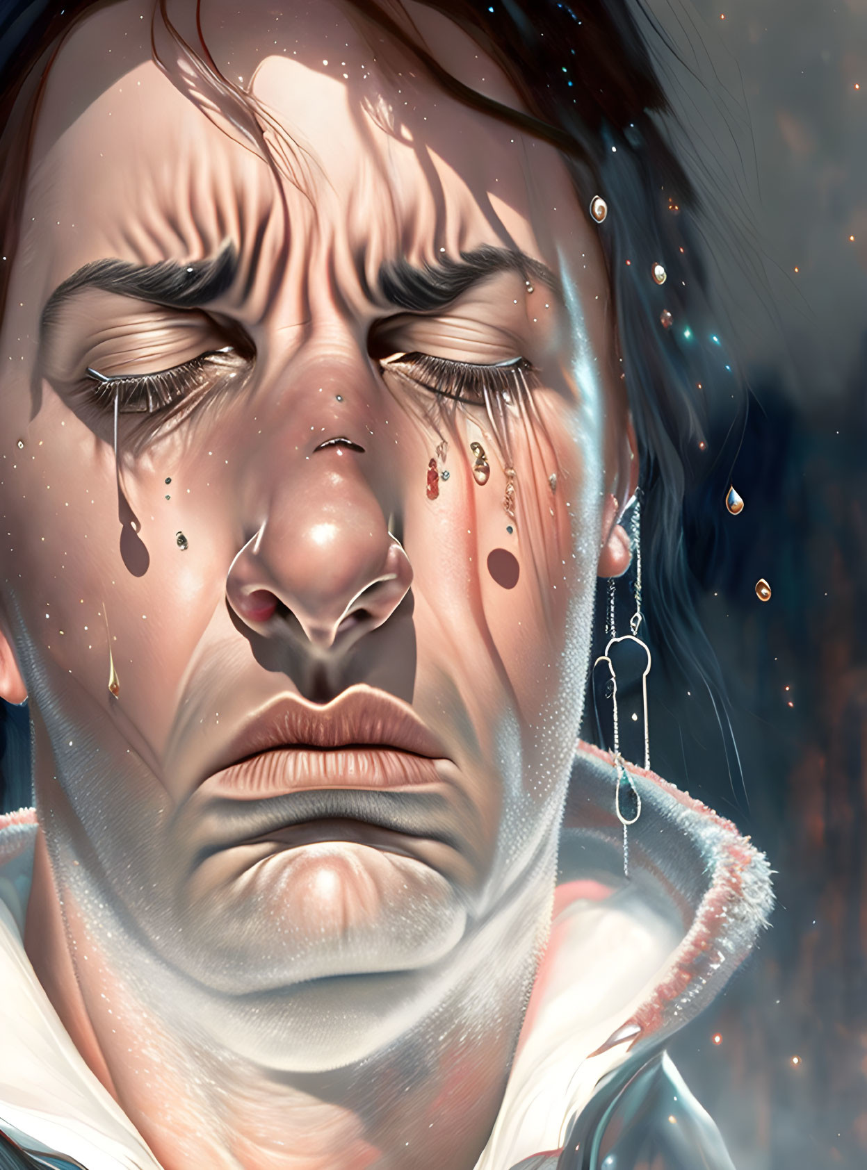 Teary-eyed man in digital artwork with floating droplets and shards