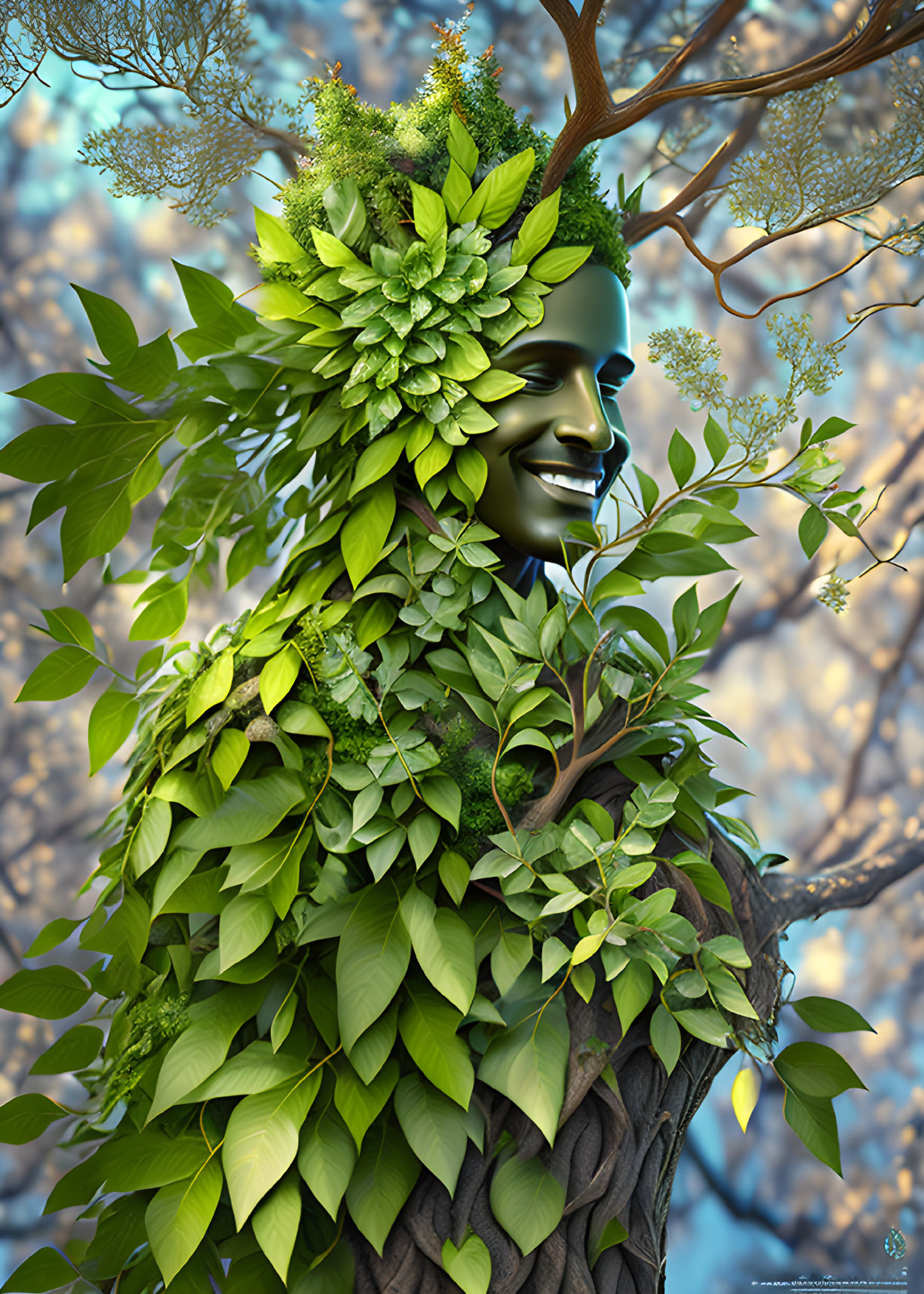 Smiling figure with tree bark skin and lush leaves in tranquil tree background