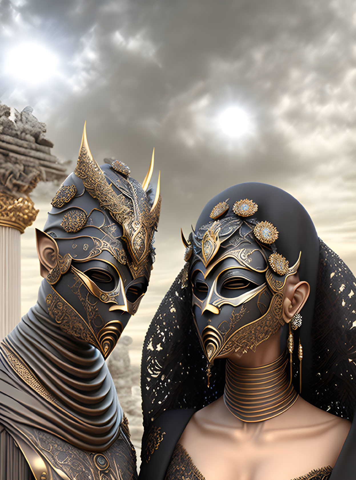 Ornate golden masked figures in detailed costumes under cloudy sky