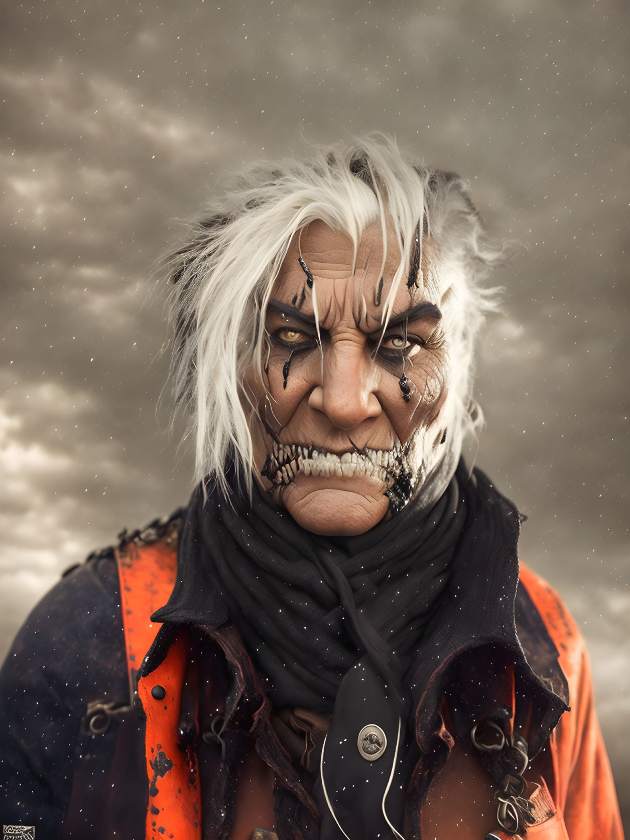 Elderly man with white hair and scars under cloudy sky