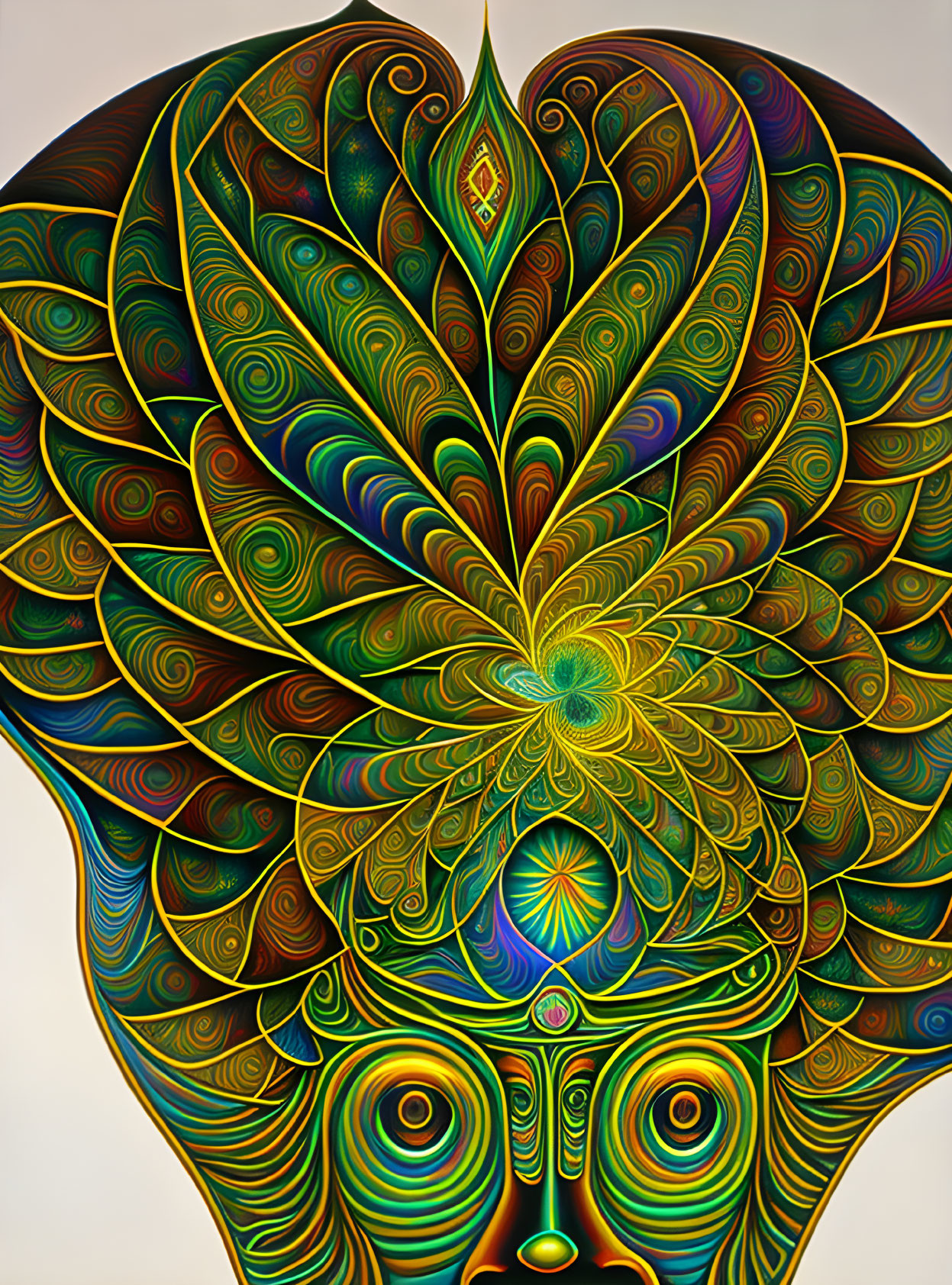 Colorful fractal art resembles peacock pattern with swirling shapes and eye-like figures on gradient background.