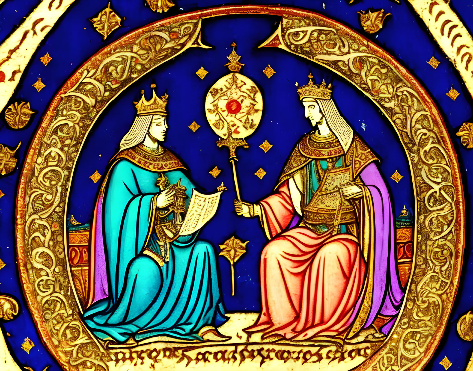 Regal medieval figures in vibrant attire with scepter and scroll, set against ornate blue and gold